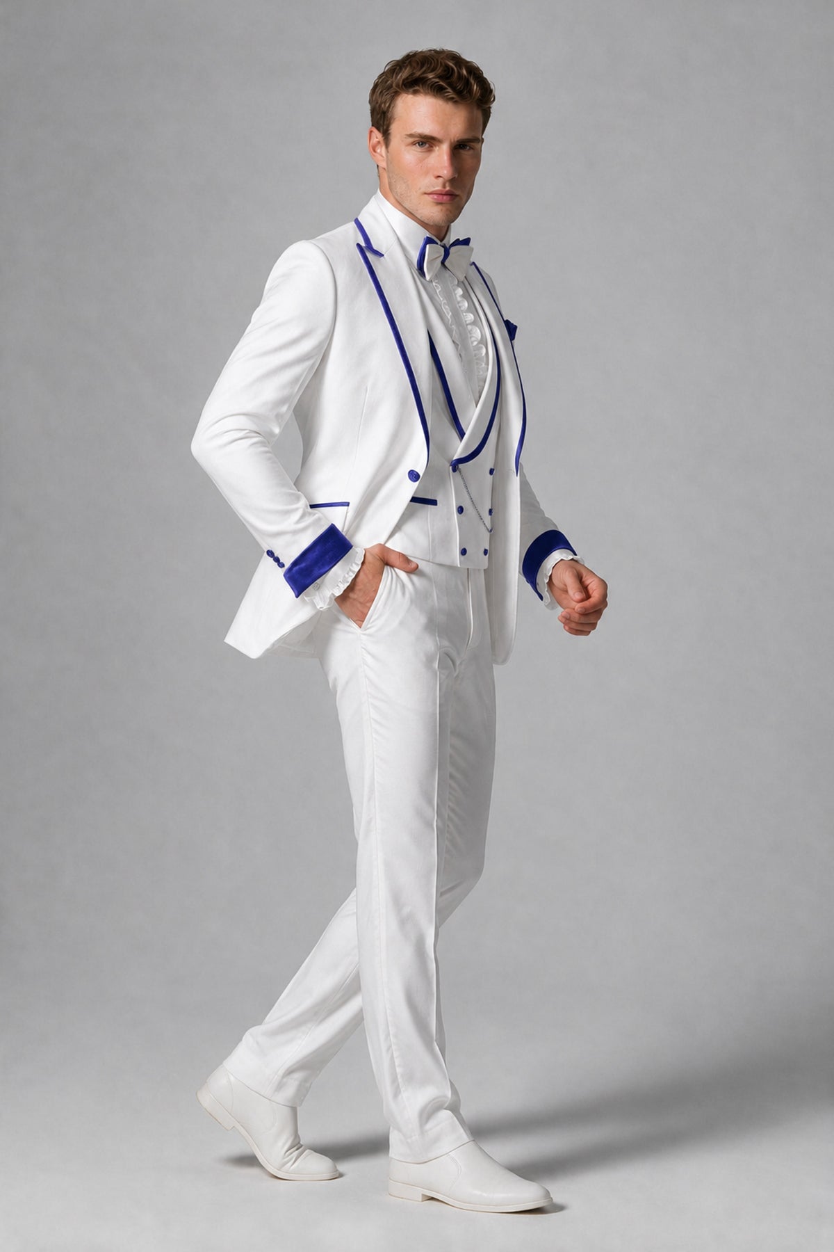 Bolodoo Men's White and Royal Blue Three-Piece Wedding Tuxedo Suit - Royal Blue - Royal Blue_4