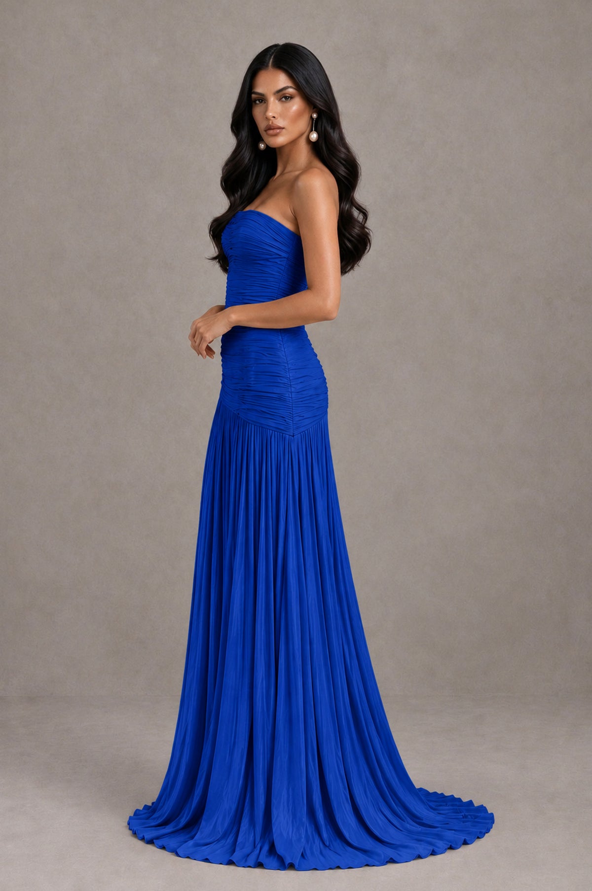 BOLODOO Royal Blue Metallic Ruched Strapless Pleated A-Line Backless Maxi Dress with Train - Royal Blue - Royal Blue_4