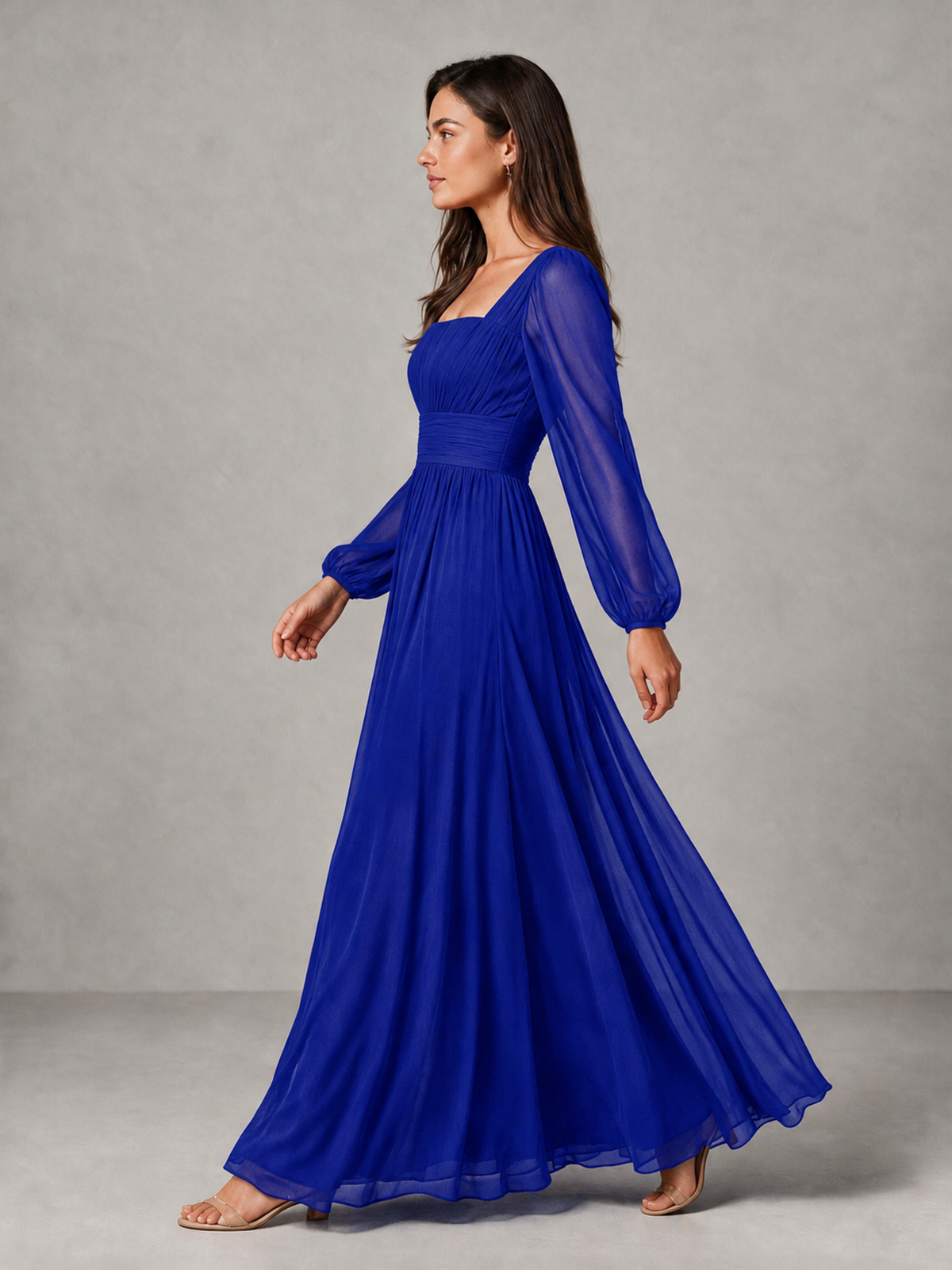 BOLODOO Royal Blue Square Neck Long Sleeve Chiffon Bridesmaid Dress - Royal Blue - Royal Blue_4