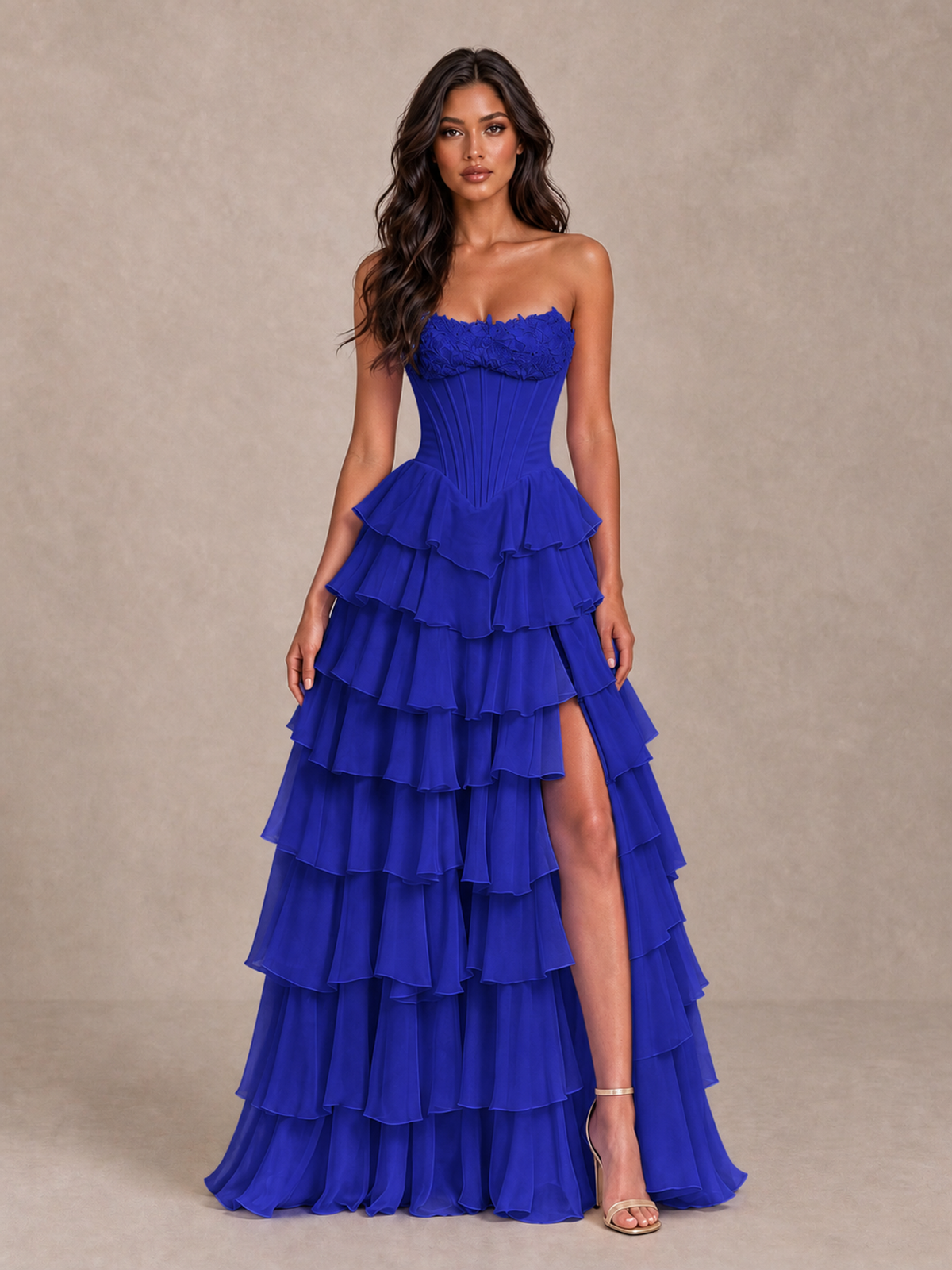 BOLODOO Royal Blue Strapless Corset Tiered Ruffle Prom Dress with High Slit - Royal Blue - Royal Blue_4