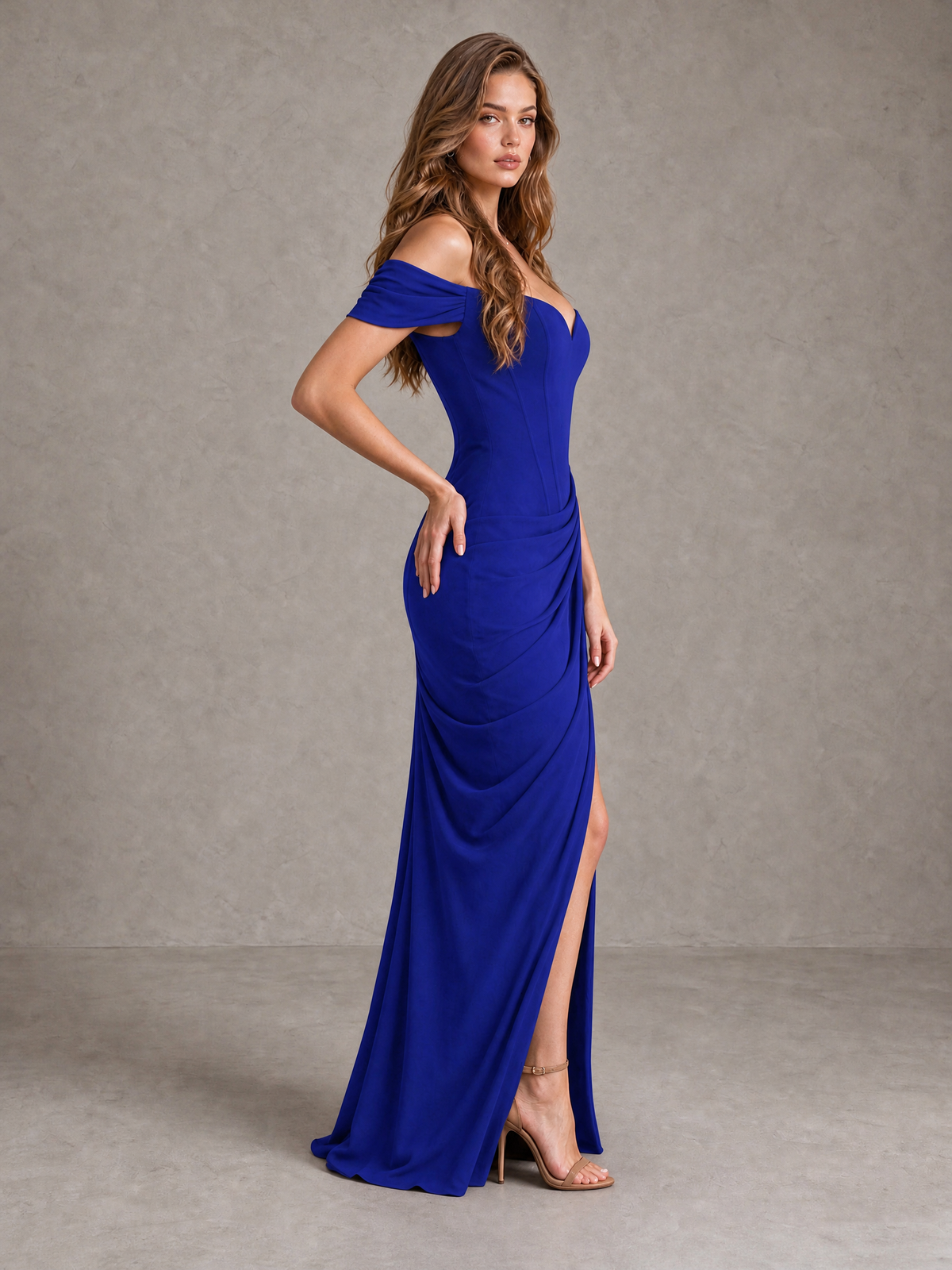 BOLODOO Royal Blue Off-Shoulder Ruched Corset Wedding Guest Dress with Slit - Royal Blue - Royal_Blue_4