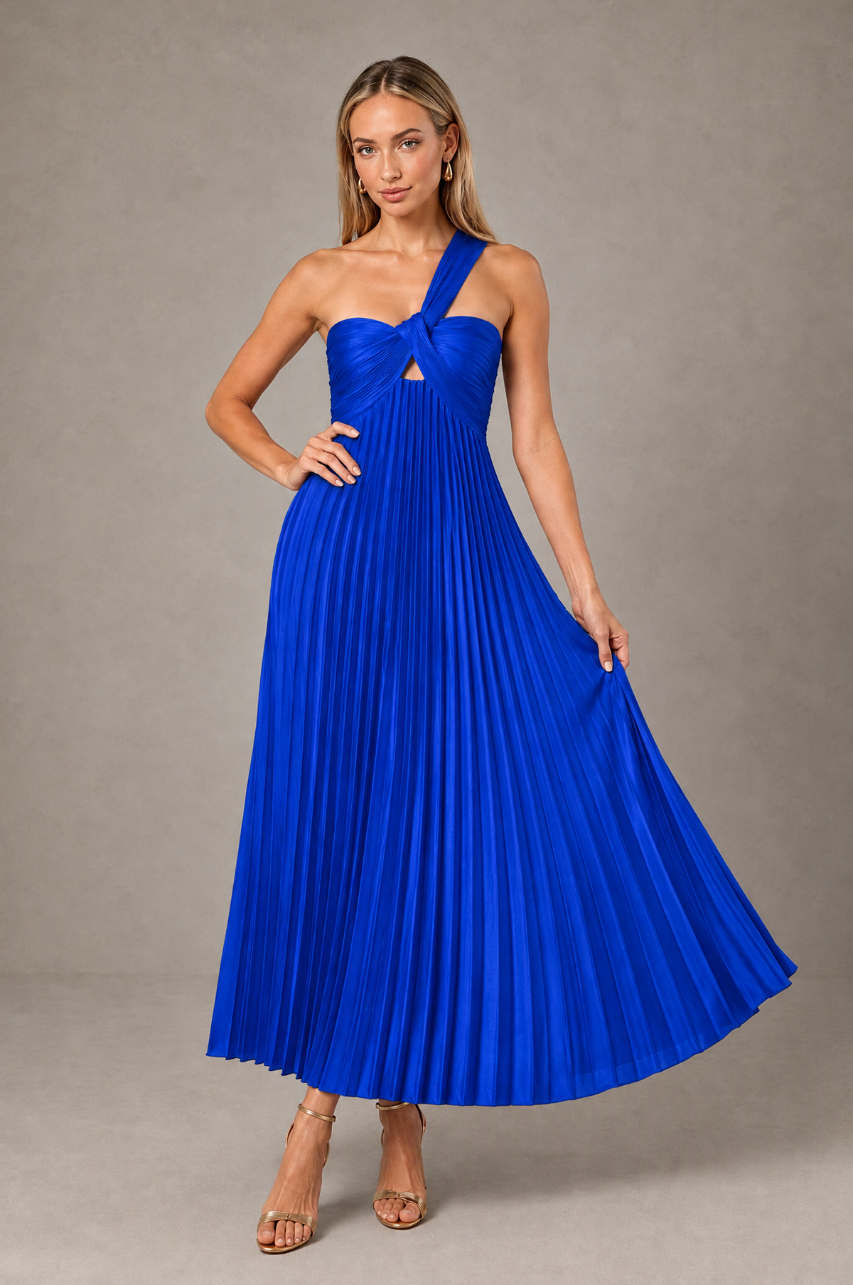 BOLODOO Royal Blue One-Shoulder Twist Knot Pleated Satin Midi Dress with Cutout - Royal Blue - Royal_Blue_4