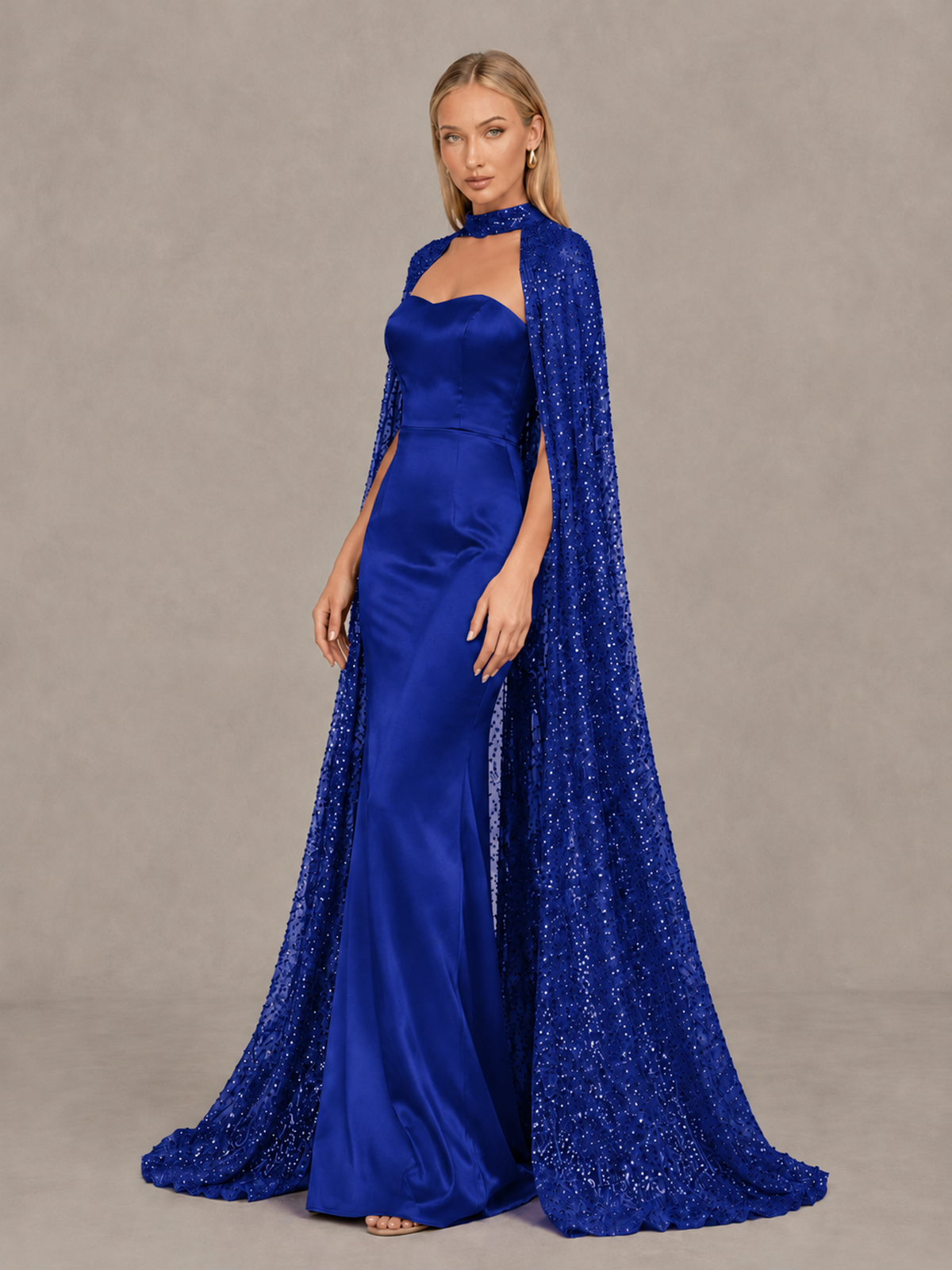 BOLODOO Royal Blue Strapless Satin-Look Evening Gown with Sequin Cape - Royal Blue - Royal_Blue_4