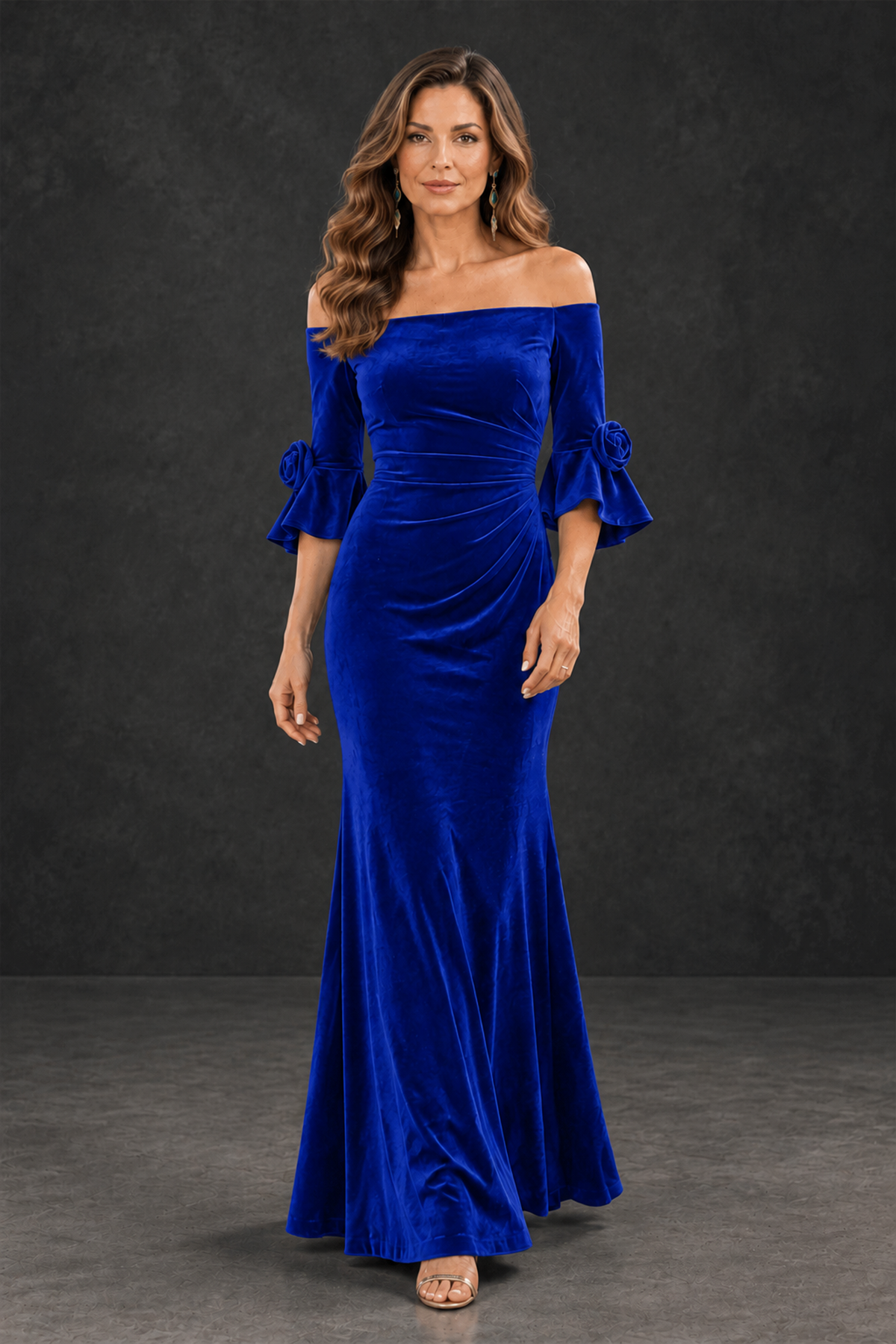 BOLODOO Royal Blue Velvet Mother of the Bride Dress with Rosette Sleeves - Royal Blue - Royal_Blue_4