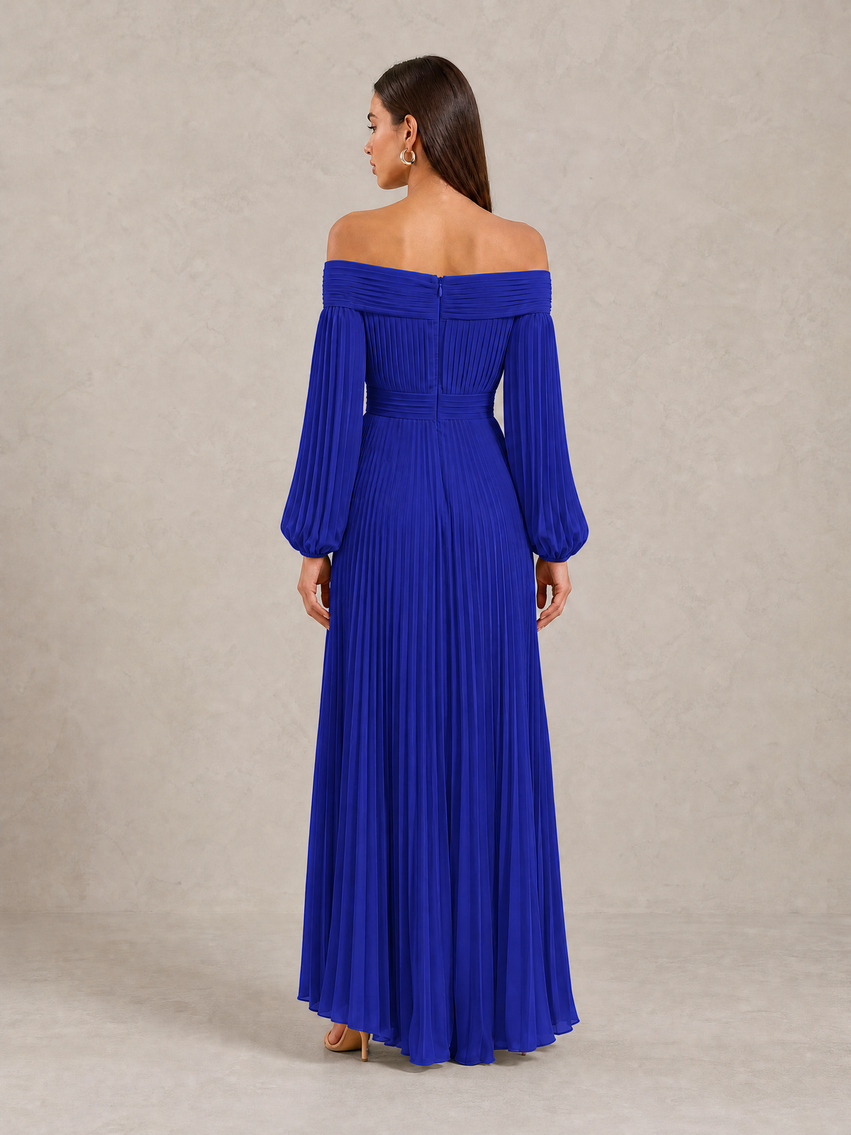 BOLODOO Royal Blue Off-Shoulder Long Sleeve Pleated High-Low Dress - Royal Blue - Royal_Blue_4