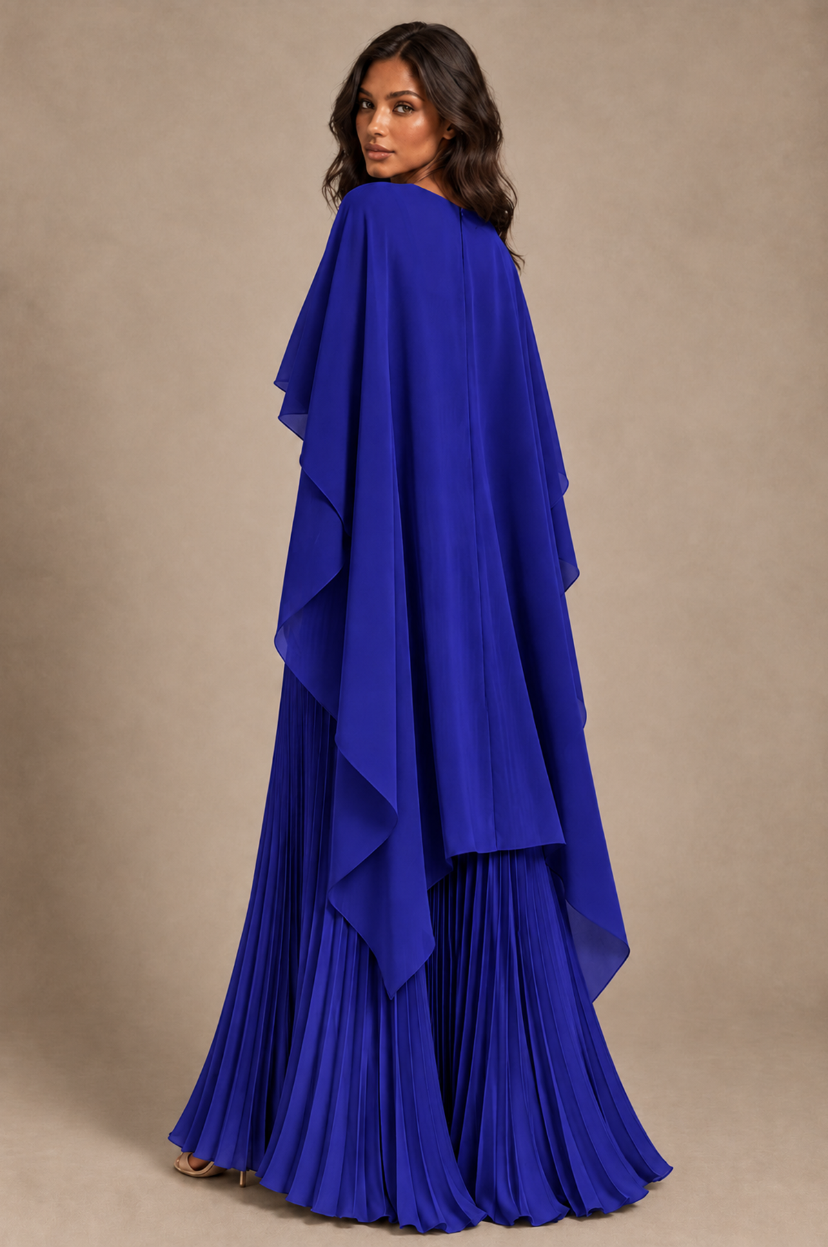 BOLODOO Royal Blue Pleated Cape A-Line Evening Dress - Royal Blue - Royal_Blue_4