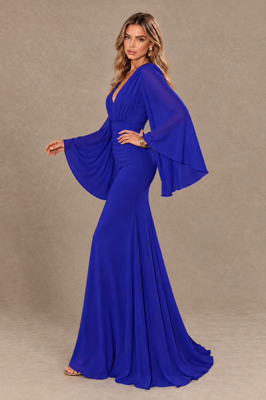 BOLODOO Royal Blue Cape Sleeve V-Neck Ruched Chiffon Evening Dress - Royal Blue - Royal Blue_4