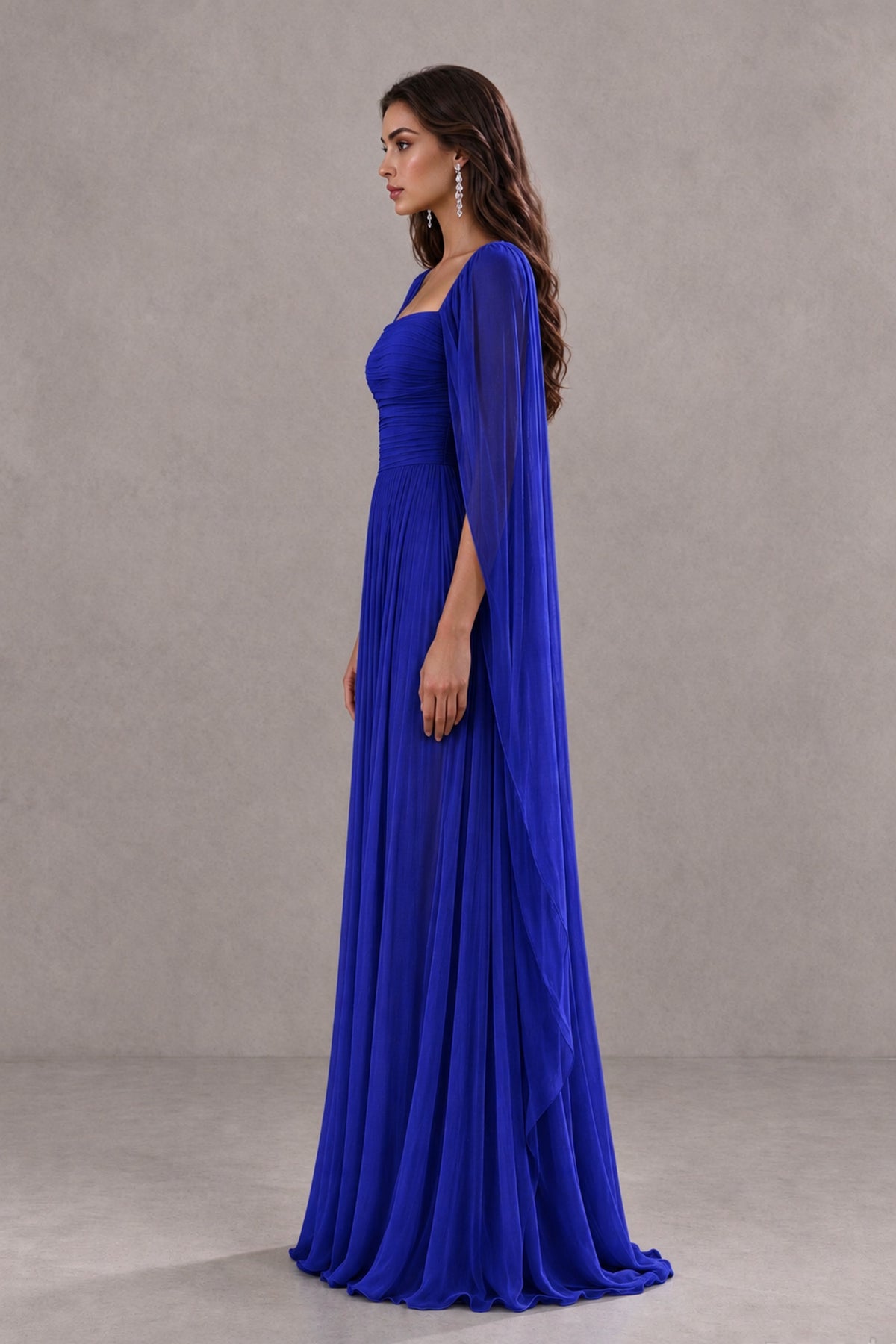 BOLODOO Royal Blue Square Neck Cape Sleeve A-Line Evening Dress - Royal Blue - Royal_Blue_4