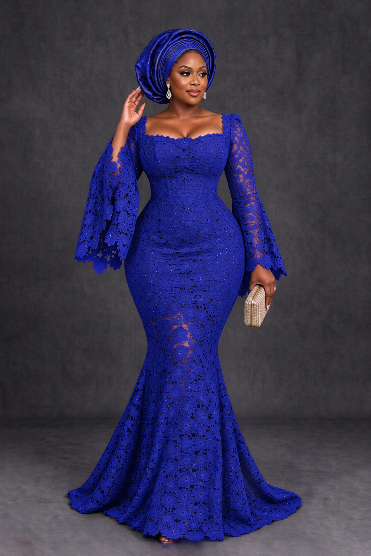 BOLODOO Royal Blue African Lace Mermaid Dress, Plus Size Nigerian Wedding Guest Gown with Bell Sleeves - Royal Blue - Royal Blue_4