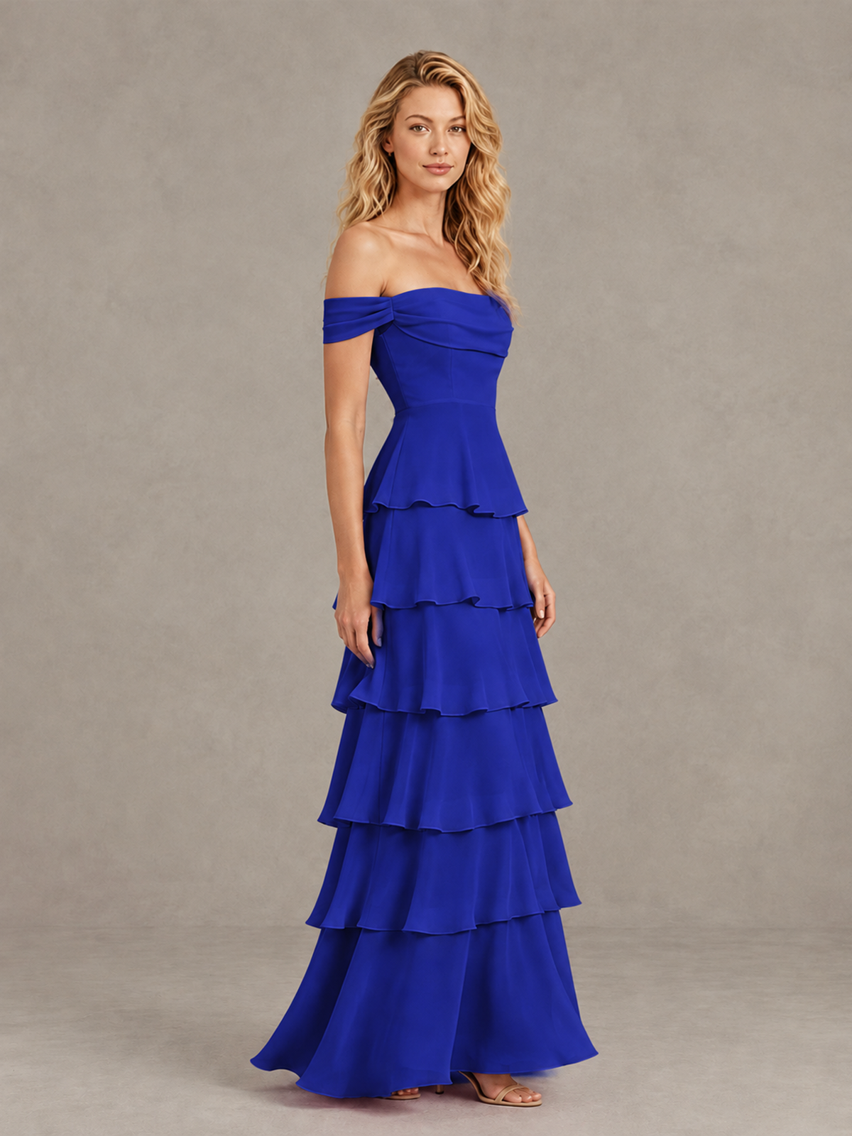 BOLODOO Royal Blue Off-Shoulder Tiered Ruffle Bridesmaid Dress with Lace-Up Back - Royal Blue - Royal Blue_4
