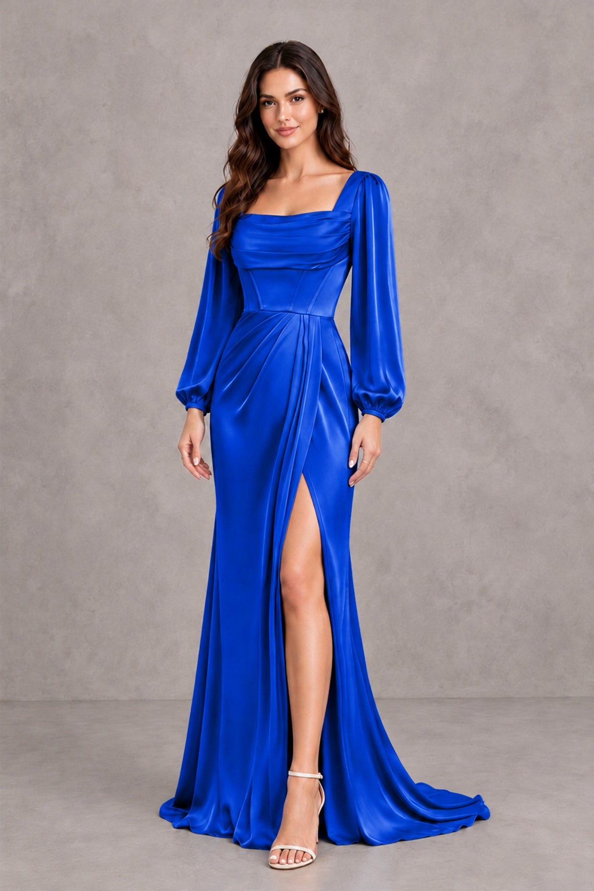 BOLODOO Royal Blue Satin-Look Long Sleeve Evening Dress with High Slit - Royal Blue - Royal Blue_4
