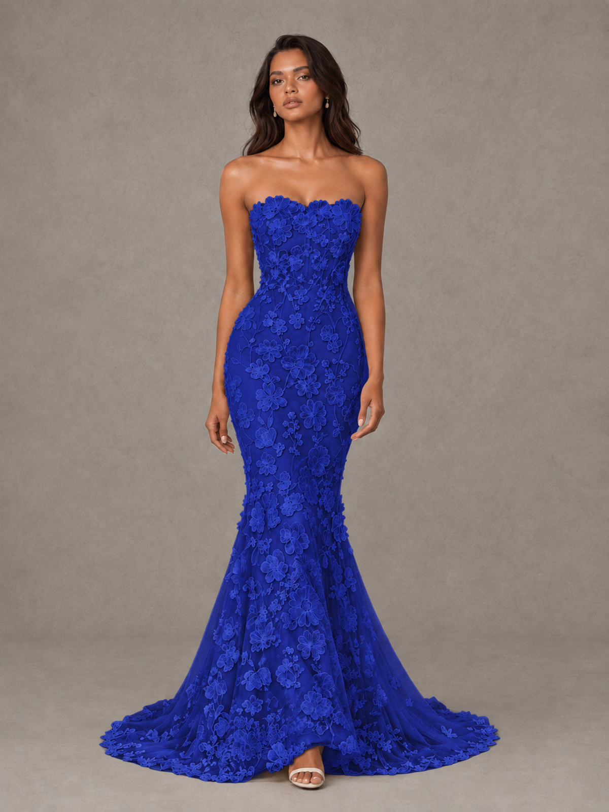 BOLODOO Royal Blue Strapless 3D Floral Lace Mermaid Prom Dress with Train - Royal Blue - Royal Blue_4