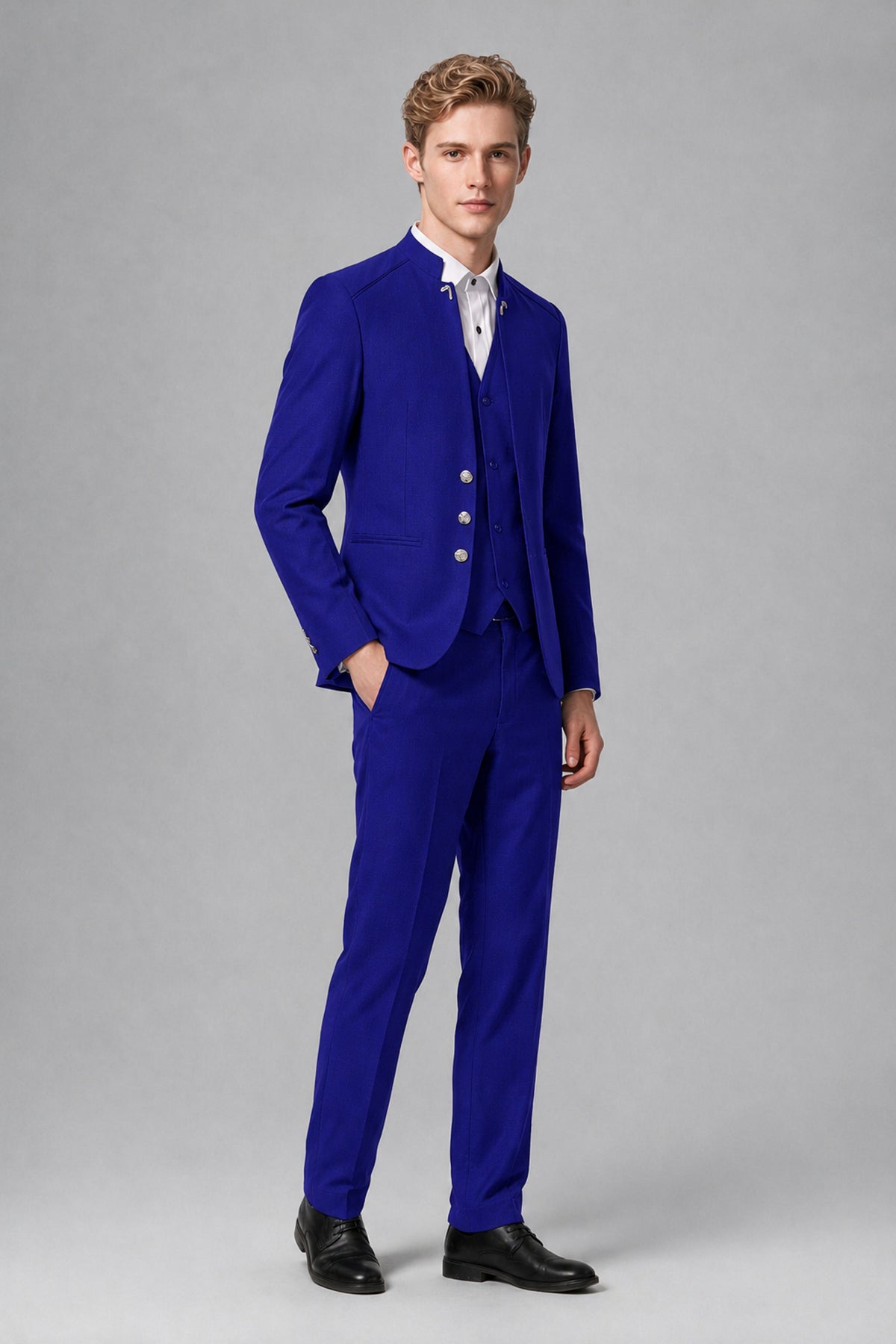Bolodoo Men's Royal Blue Mandarin Collar 3-Piece Suit – Jacket, Vest & Trousers - Royal Blue - Royal Blue_4