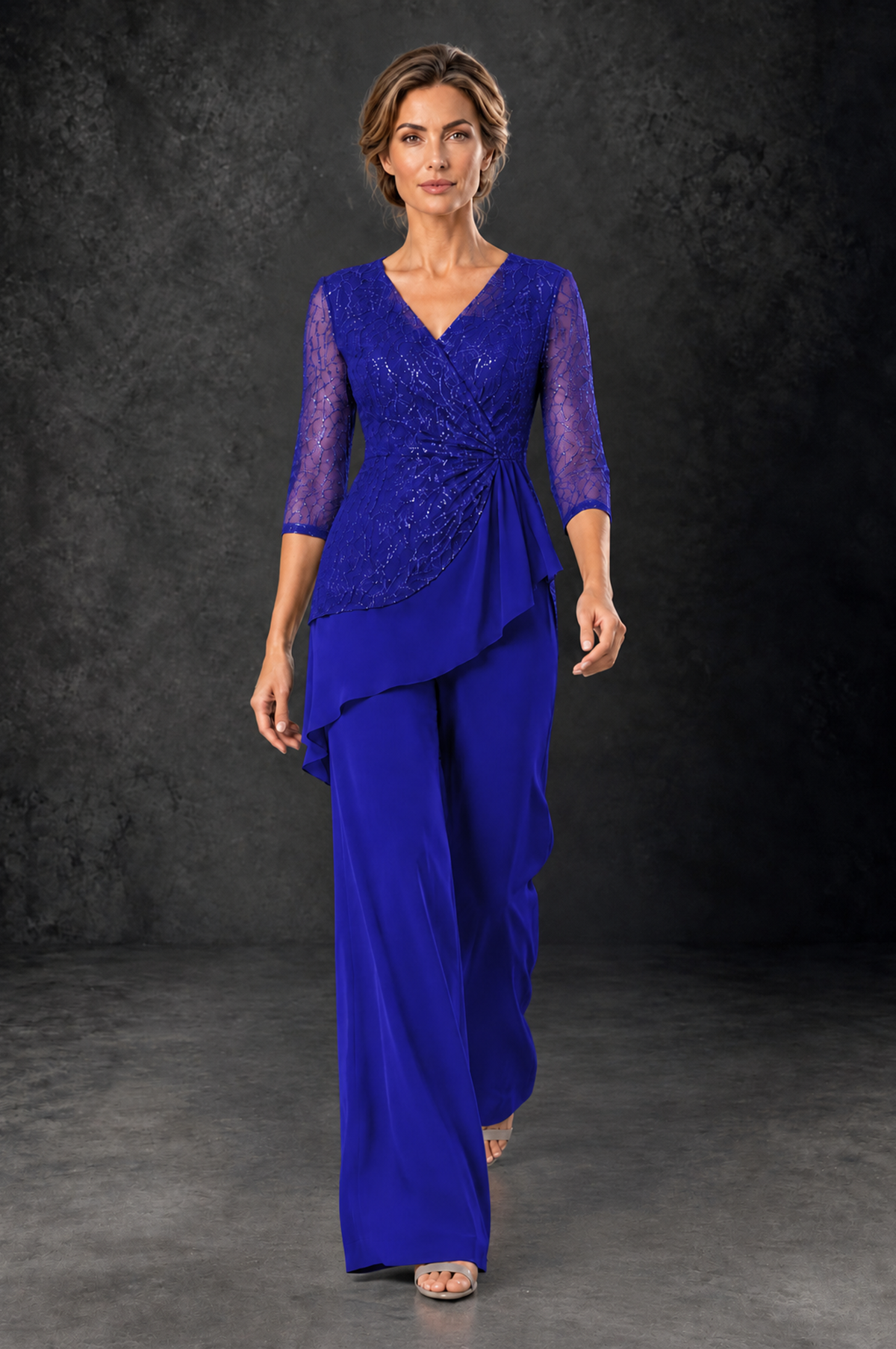 BOLODOO Royal Blue Sequin Lace 3/4 Sleeve Chiffon Mother of the Bride Pant Suit - Royal Blue - Royal_Blue_4