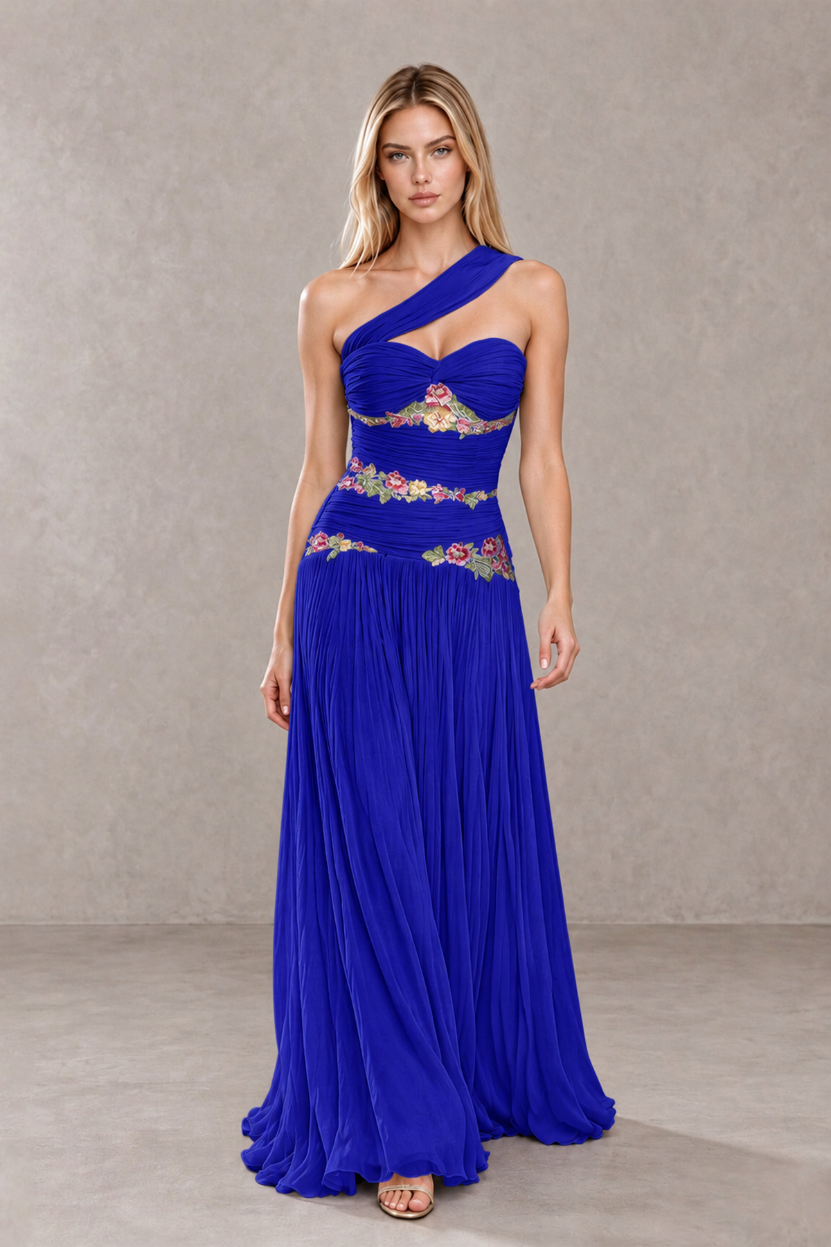 BOLODOO Royal Blue One-Shoulder Floral Applique A-Line Evening Dress - Royal Blue - Royal Blue_4
