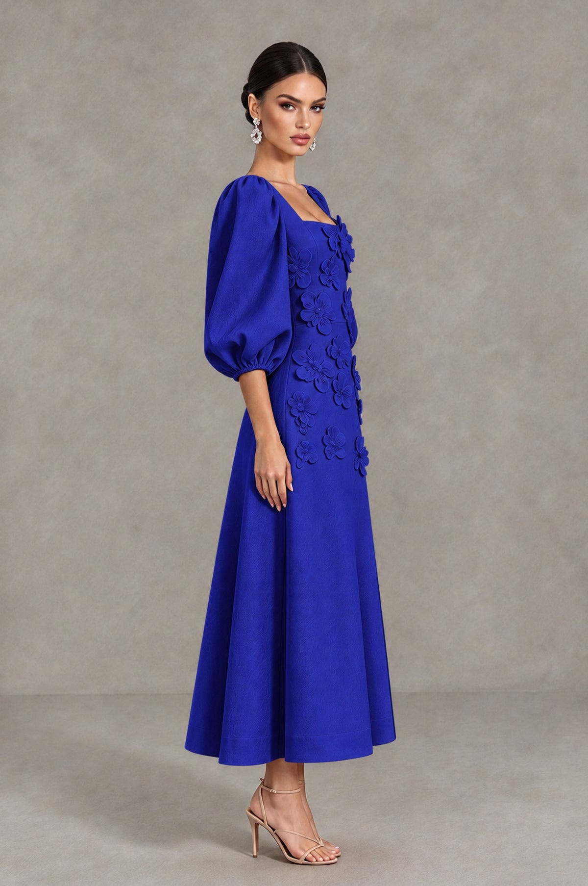 BOLODOO Royal Blue 3D Floral Puff Sleeve Midi Cocktail Dress - Royal Blue - Royal Blue_4