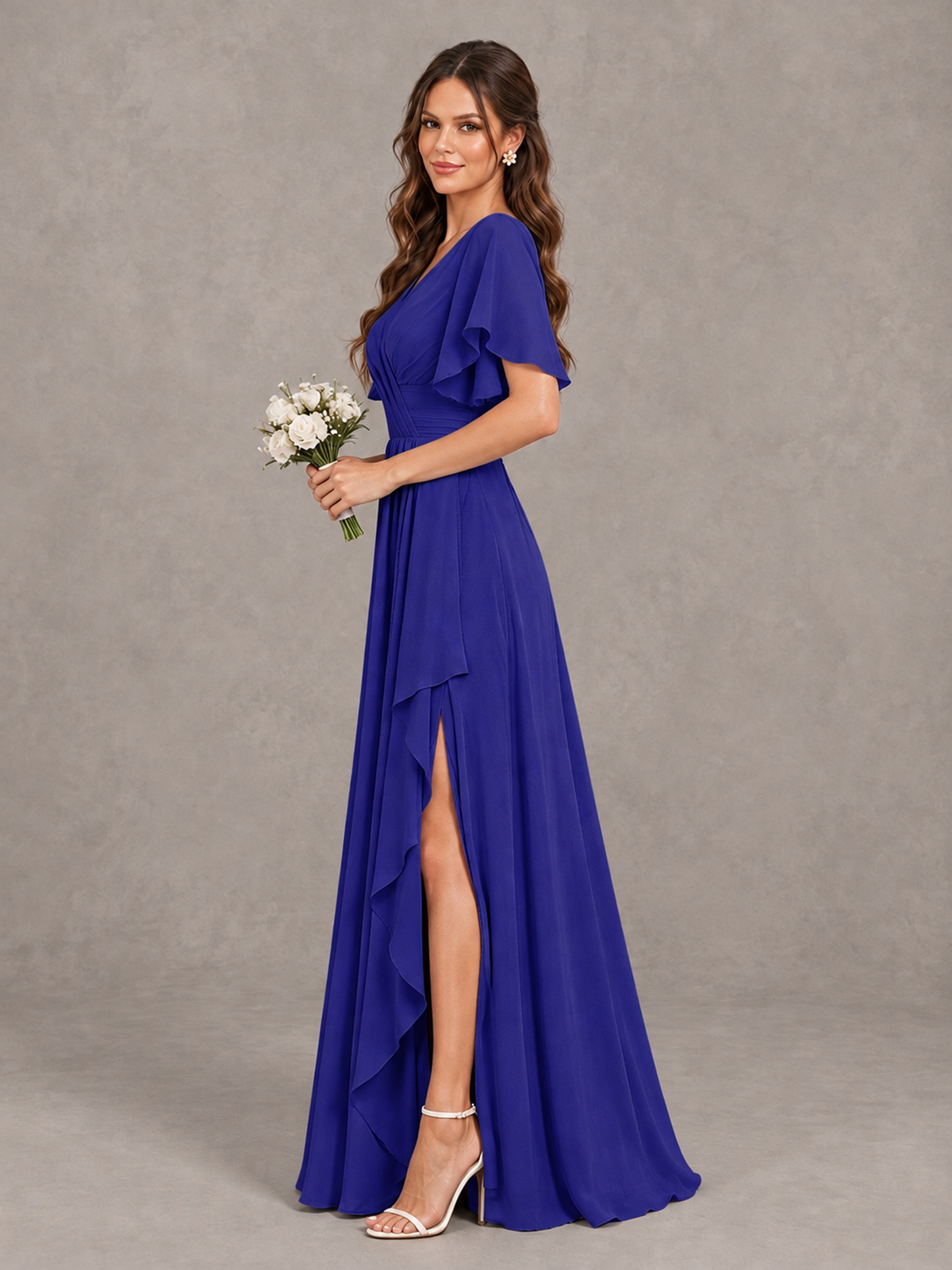 BOLODOO Royal Blue Flutter Sleeve V-Neck Bridesmaid Dress with Ruffle Slit - Royal Blue - Royal Blue_4