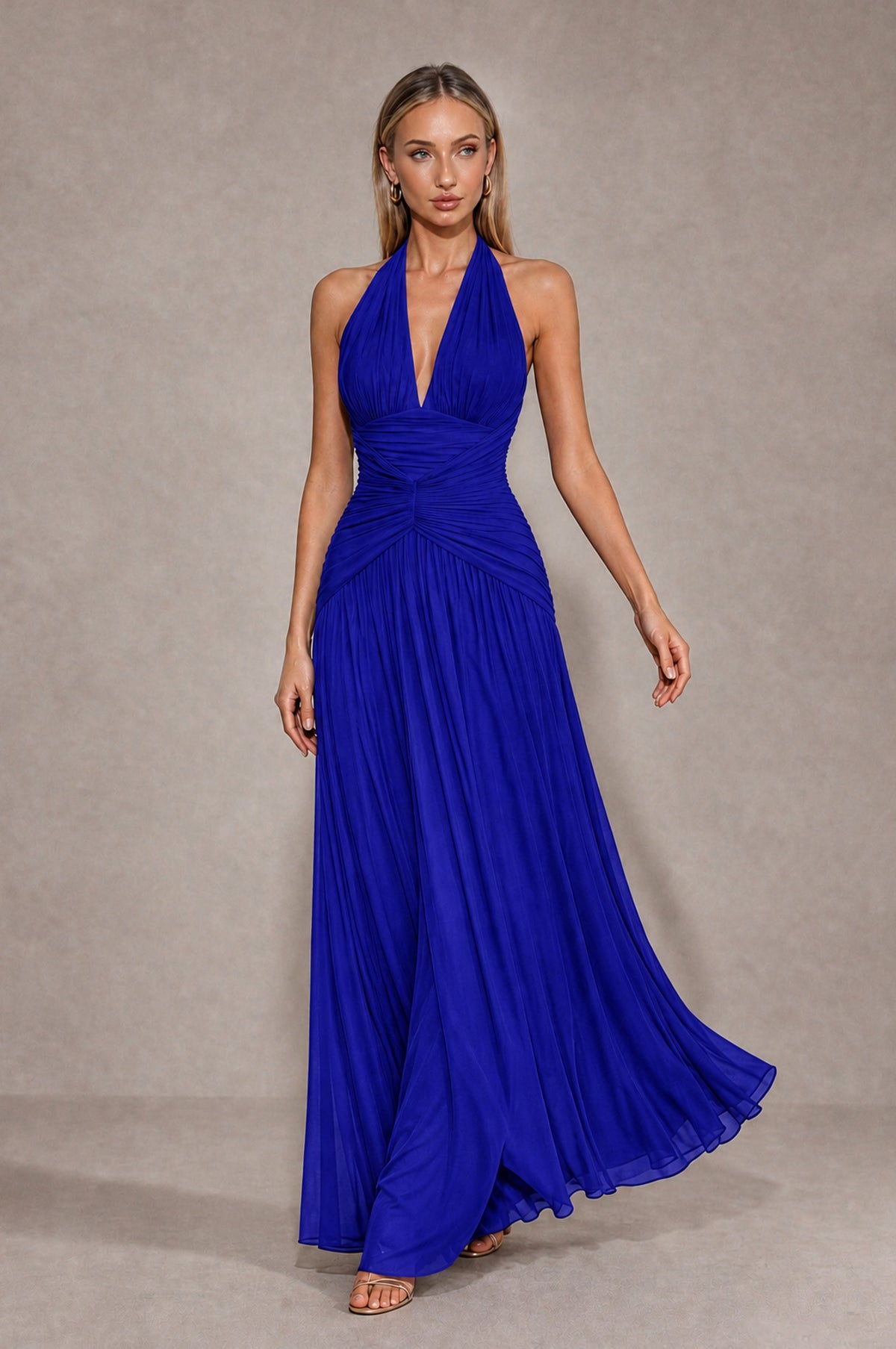 BOLODOO Royal Blue Chiffon Halter Deep V-Neck Ruched A-Line Backless Maxi Dress with Train-BD0167 - Royal Blue - Royal Blue_4