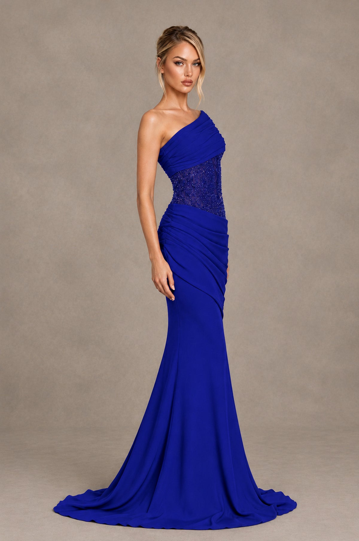 BOLODOO Royal Blue One-Shoulder Sequin Embroidered Ruched Mermaid Gown with Train - Royal Blue - Royal Blue_4