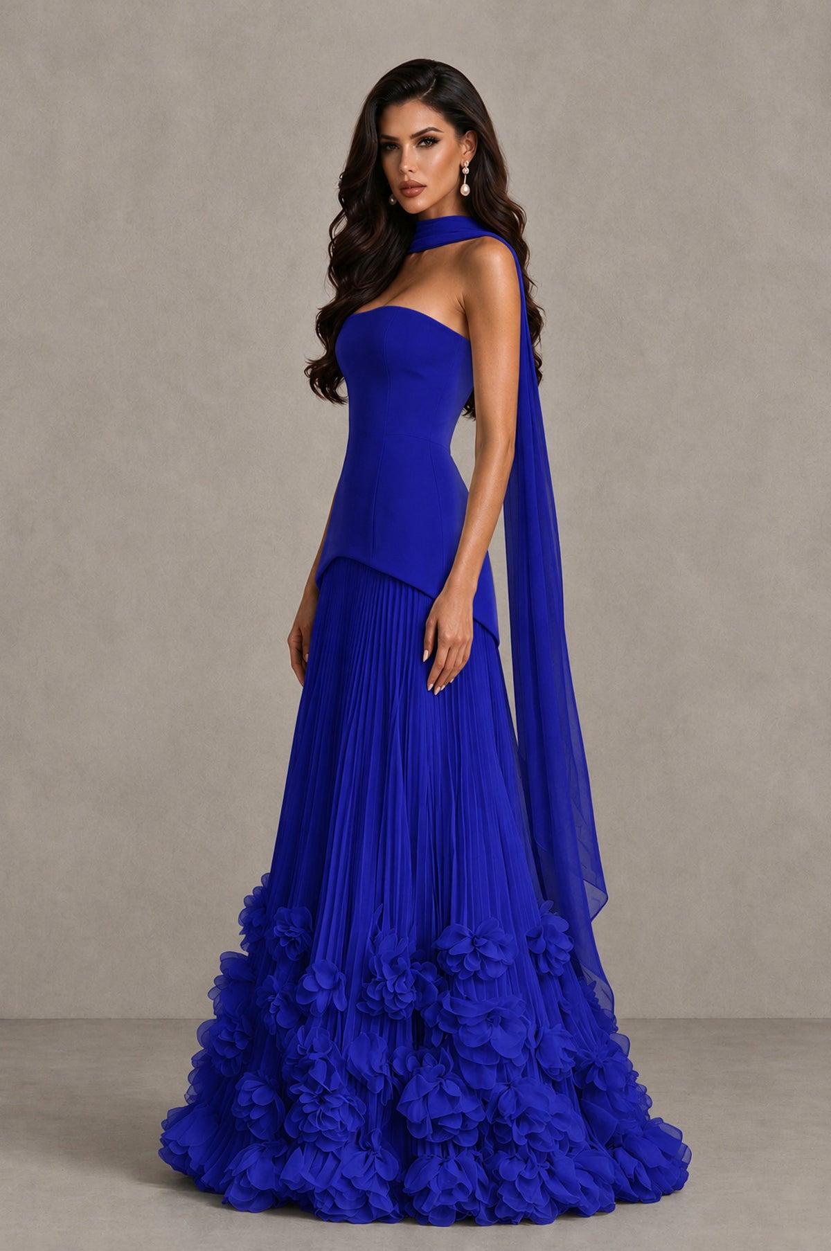 BOLODOO Royal Blue Strapless Pleated Floral Hem Evening Gown - Royal Blue - Royal Blue_4