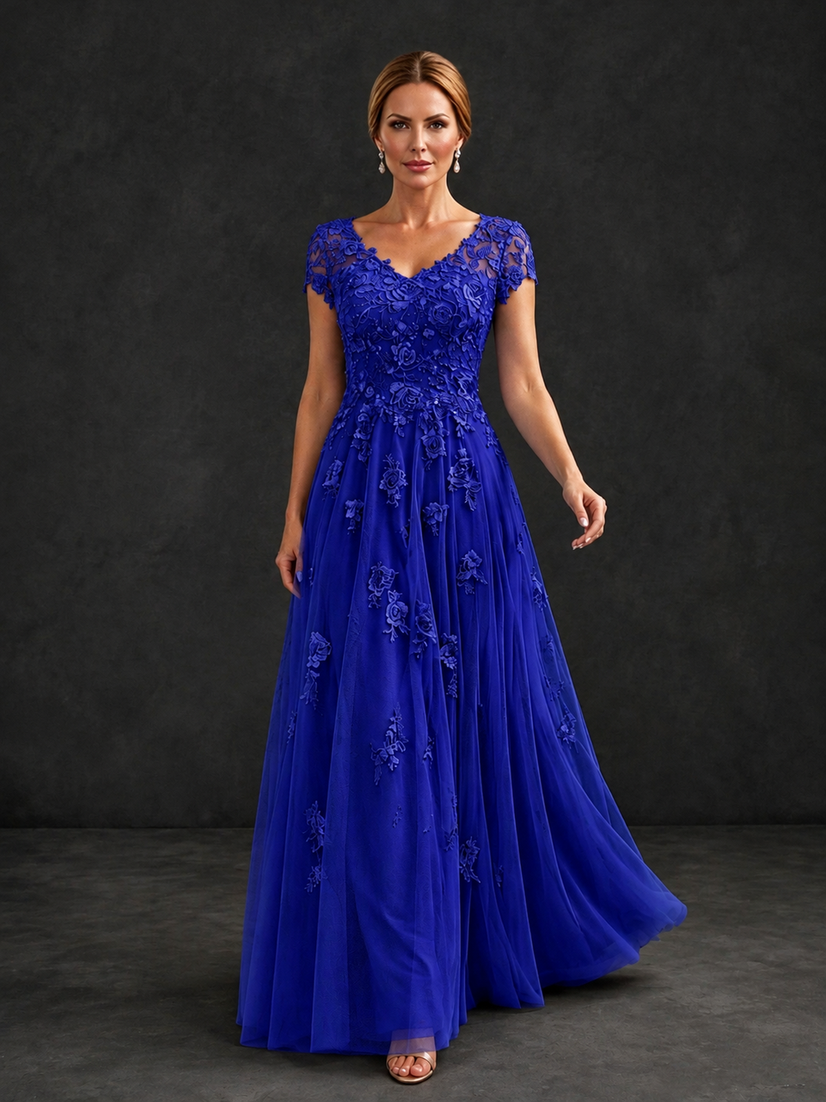 BOLODOO Royal Blue Cap Sleeve Lace Appliqué A-Line Formal Gown | Mother of the Bride Dress - Royal Blue - Royal Blue_4