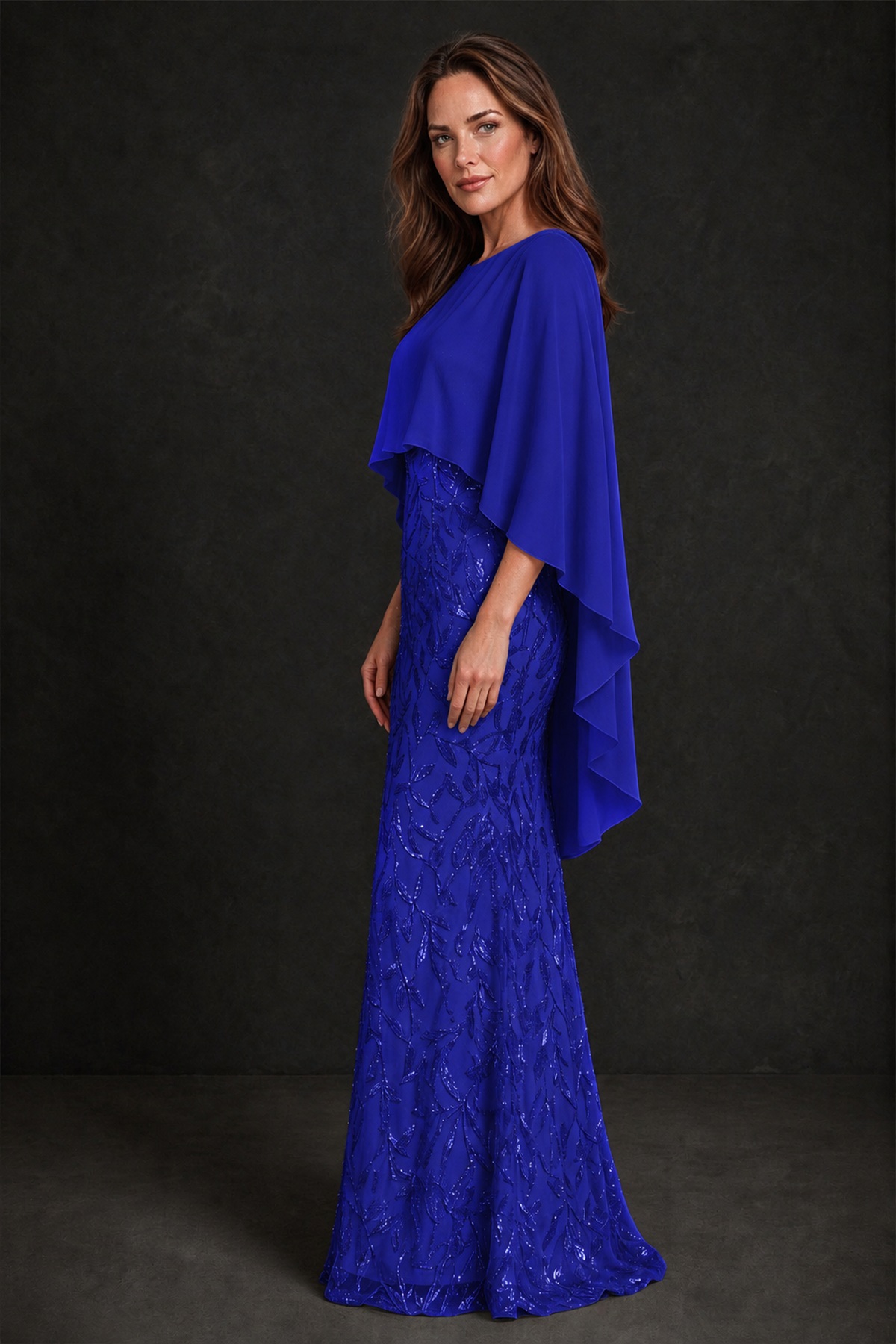 BOLODOO Royal Blue Round Neck Chiffon Cape Overlay Sequin Lace Mermaid Maxi Dress - Royal Blue - Royal Blue_4