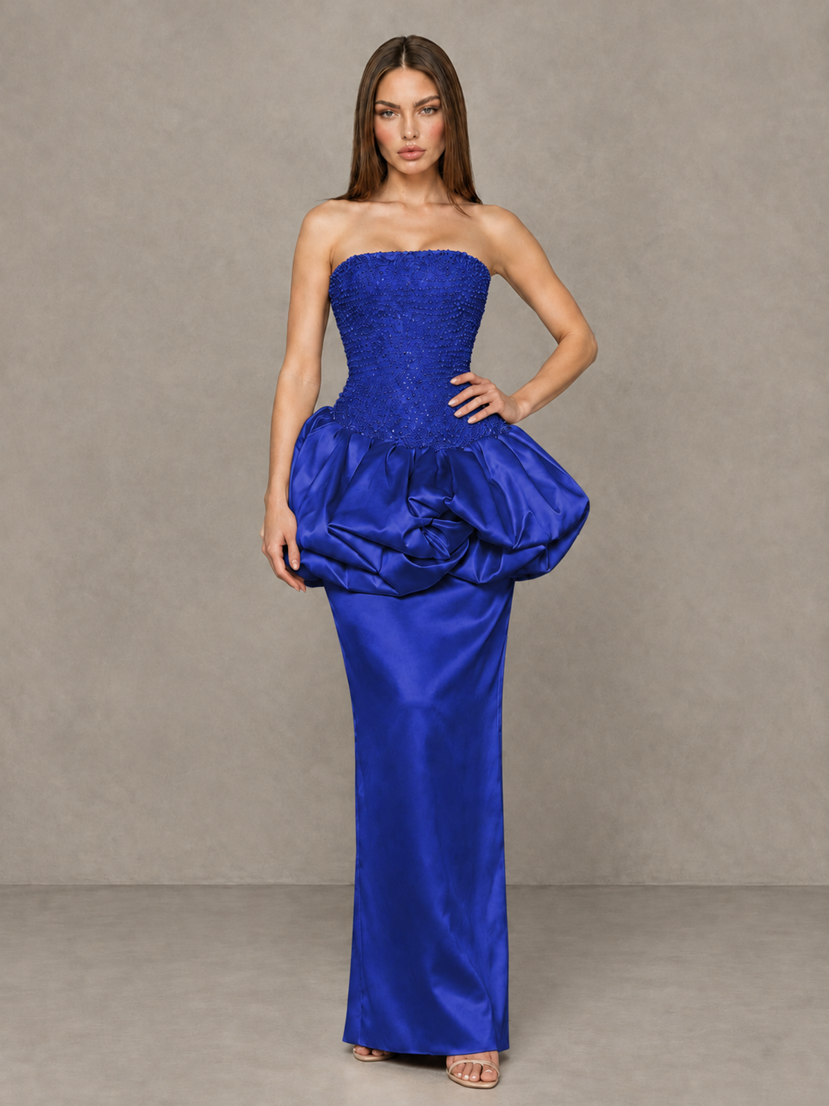 BOLODOO Royal Blue Strapless Embellished Bubble Peplum Evening Dress - Royal Blue - Royal Blue_4