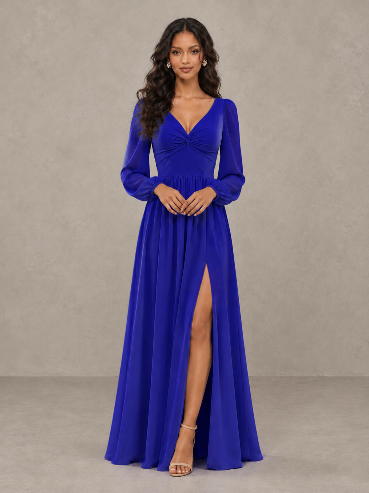BOLODOO Royal Blue V-Neck Long Sleeve Bridesmaid Dress with Tie Back and Slit - Royal Blue - Royal Blue_5