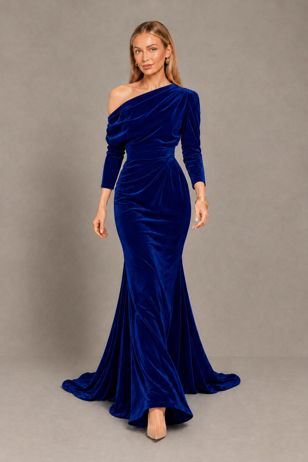 BOLODOO Royal Blue Velvet Asymmetric Neck Mermaid Evening Dress - Royal Blue - Royal Blue_5