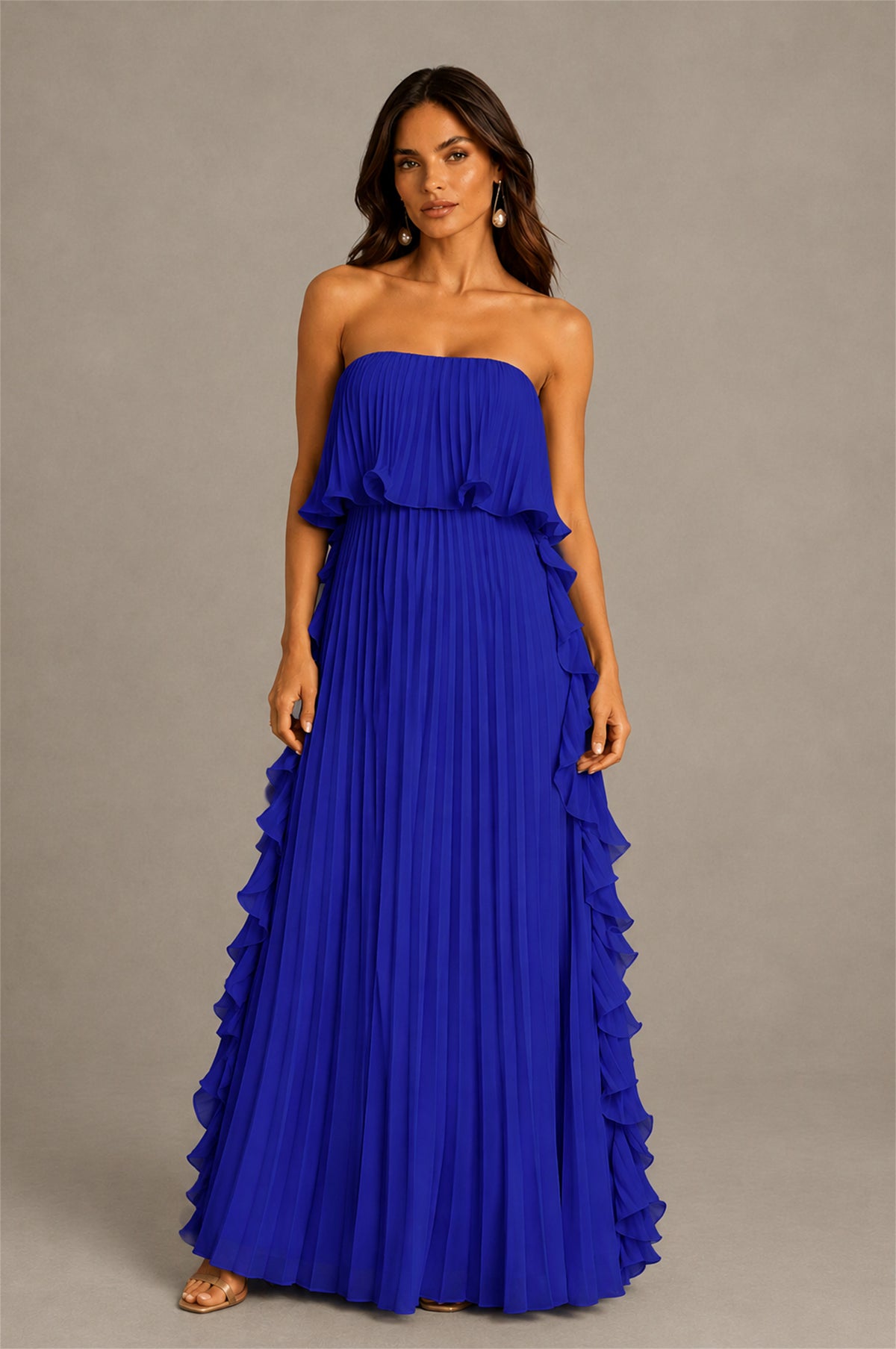 BOLODOO Royal Blue Strapless Ruffle Bodice Dual Cascading Ruffle Accordion Pleated Chiffon Maxi Dress - Royal Blue