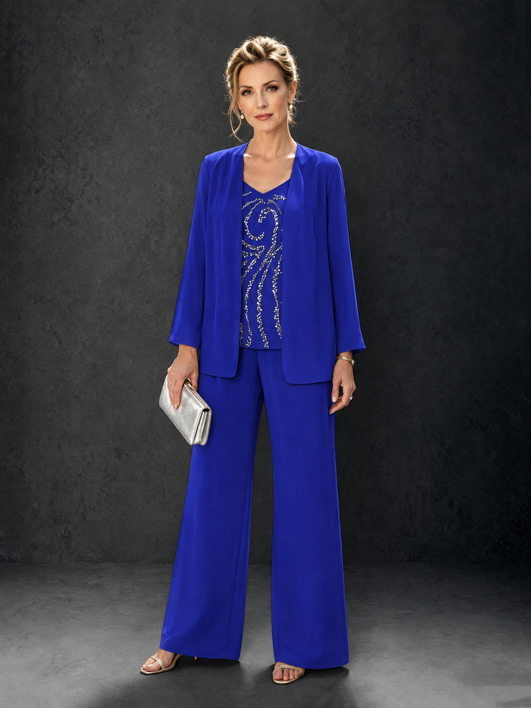 BOLODOO Royal Blue 3-Piece Mother of the Bride Pant Suit with Beaded Top & Chiffon Jacket - Royal Blue