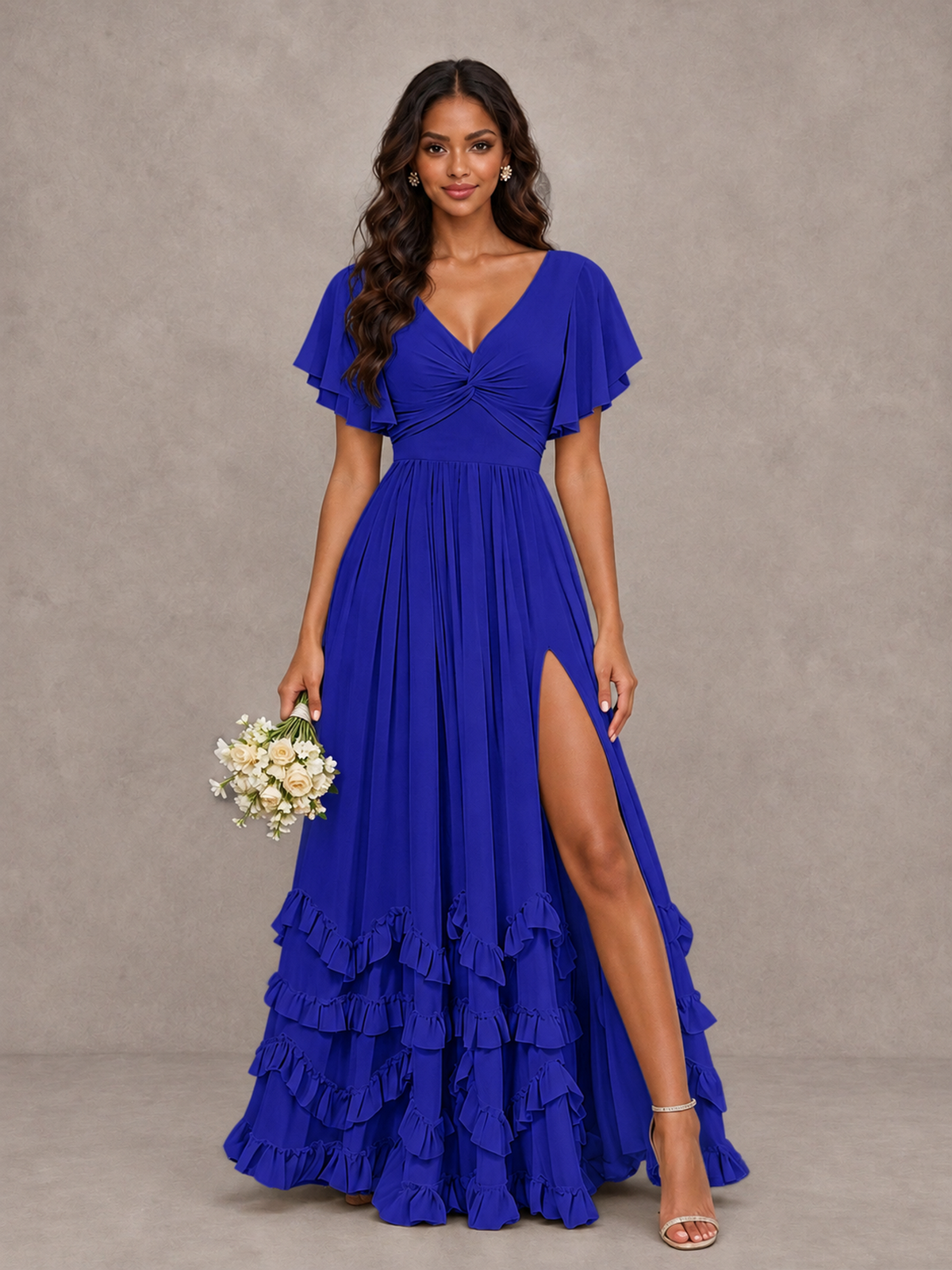 BOLODOO Royal Blue V-Neck Flutter Sleeve Ruffle Bridesmaid Dress with Slit - Royal Blue - Royal Blue (1)