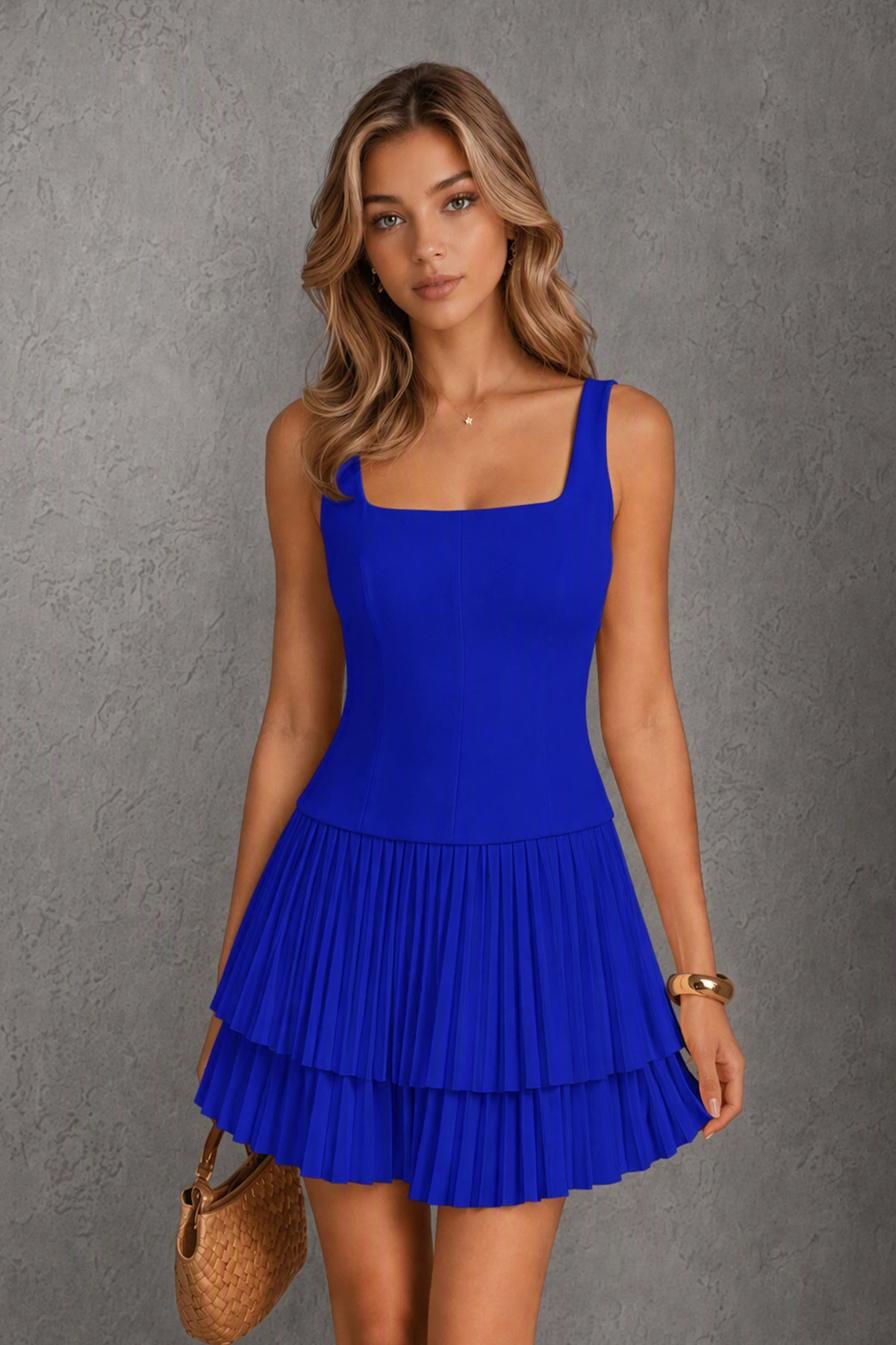 BOLODOO Royal Blue Knit Square Neck Wide Strap Corset Bodice Tiered Pleated Mini Dress with Low Back - Royal Blue