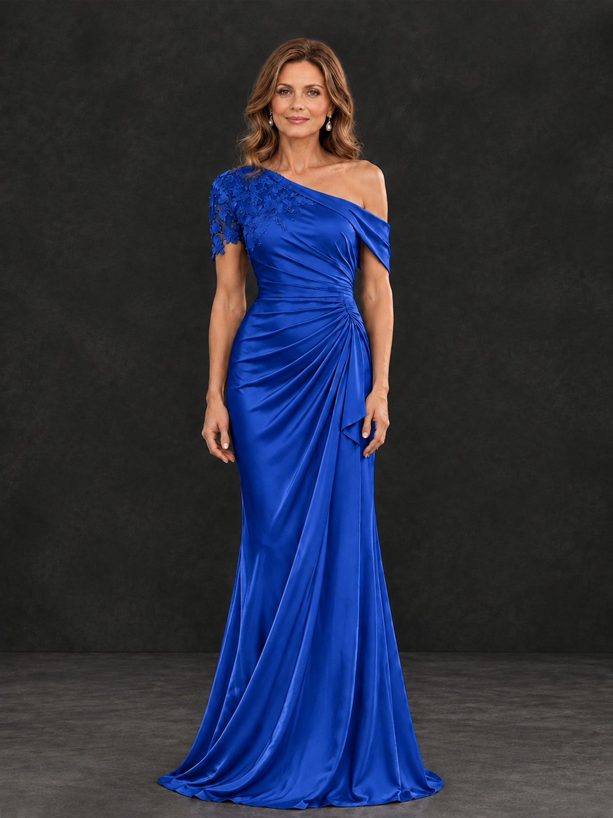 BOLODOO Royal Blue Asymmetric Satin Mother of the Bride Dress with Lace Sleeve - Royal Blue - Royal Blue (1)