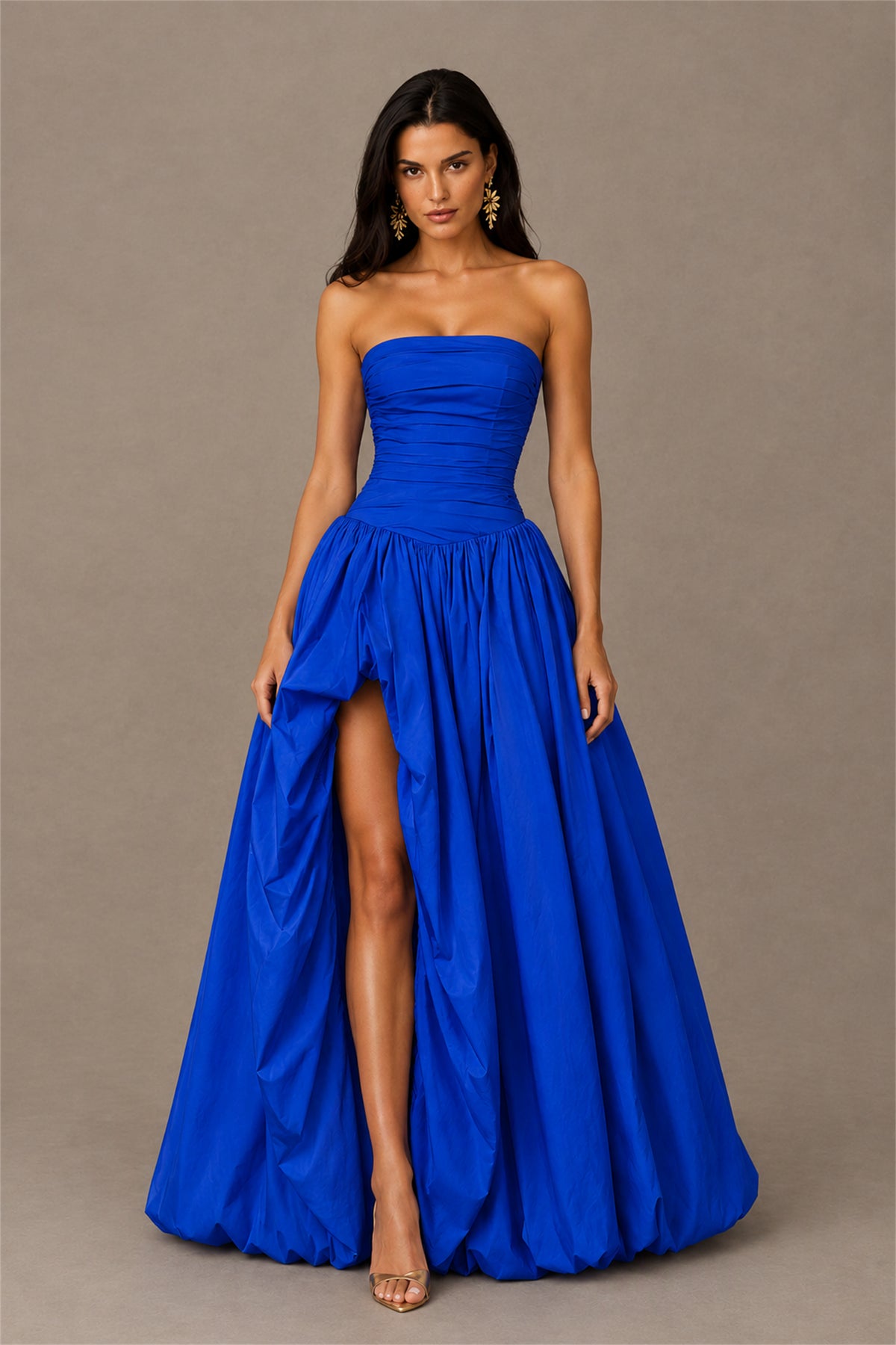 BOLODOO Royal Blue Strapless Ruched Corset Lace-Up Back Bubble Skirt High Slit Taffeta Maxi Dress - Royal Blue