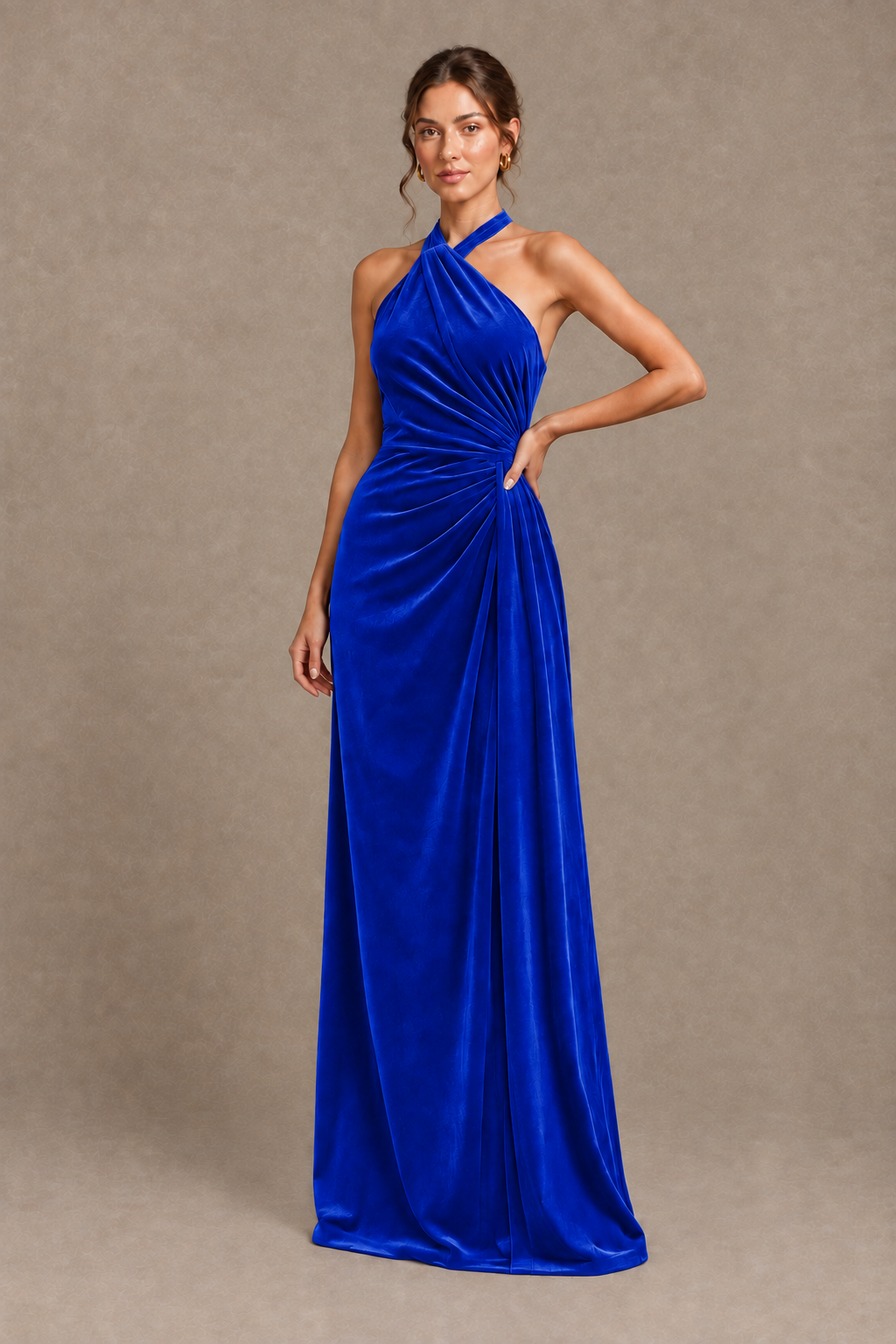 BOLODOO Royal Blue Velvet Halter Neck Open Back Evening Gown - Royal Blue
