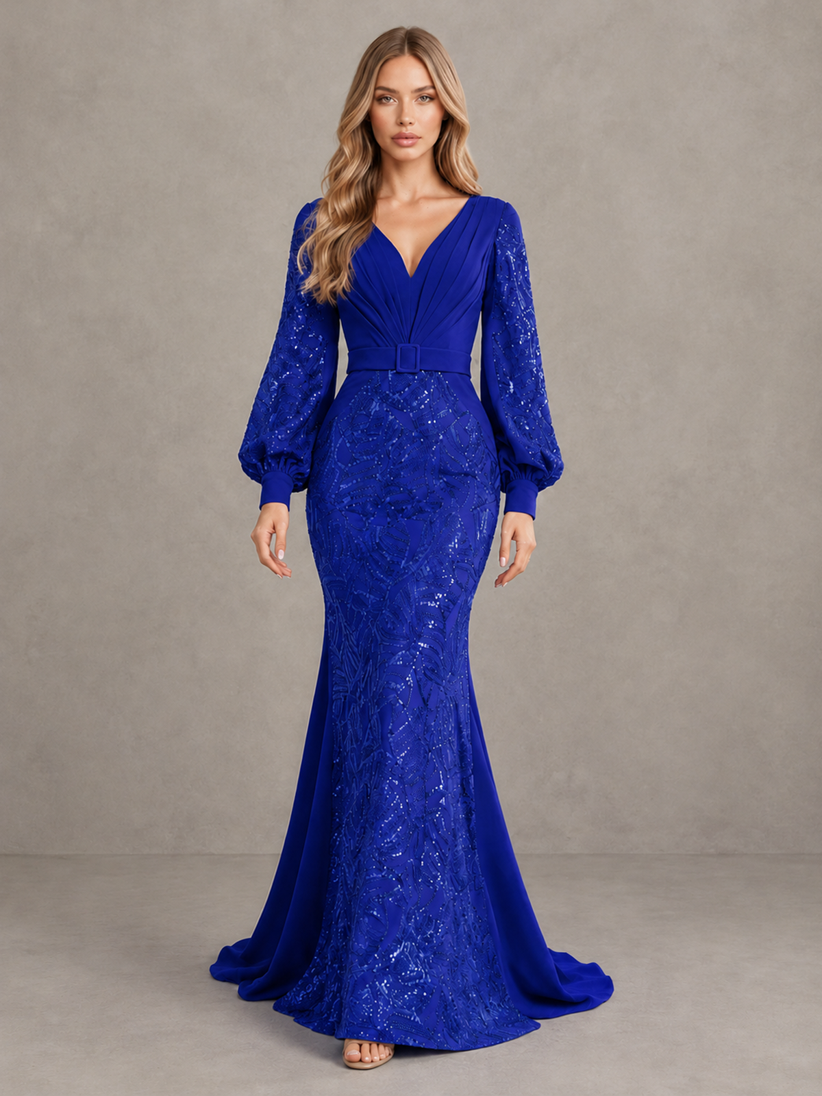 BOLODOO Royal Blue Sequin Long Bishop Sleeve Mermaid Evening Dress - Royal Blue - Royal Blue (1)