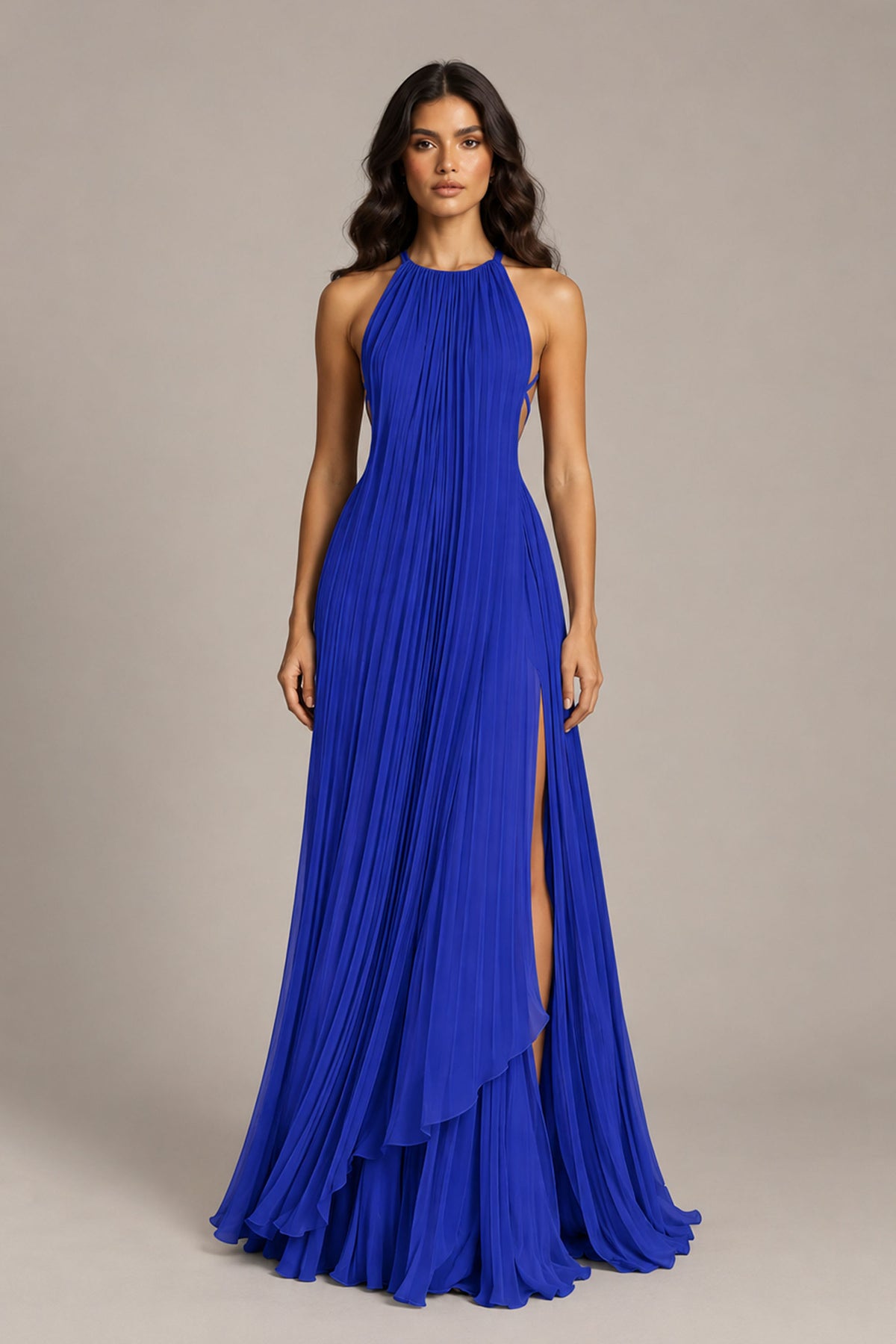 BOLODOO Royal Blue Halter Neck Pleated Chiffon Maxi Dress with Side Slit - Royal Blue