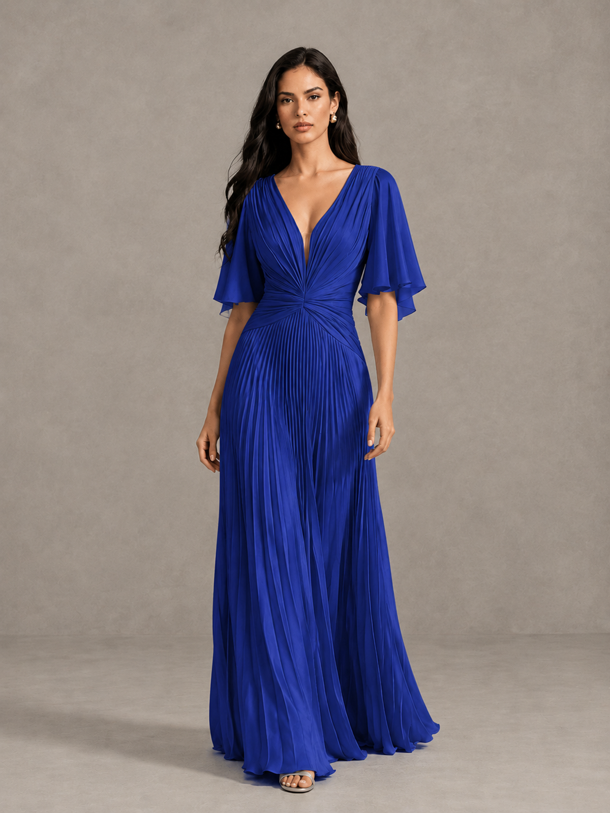 BOLODOO Royal Blue Pleated V-Neck Flutter Sleeve Bridesmaid Dress - Royal Blue - Royal Blue (1)
