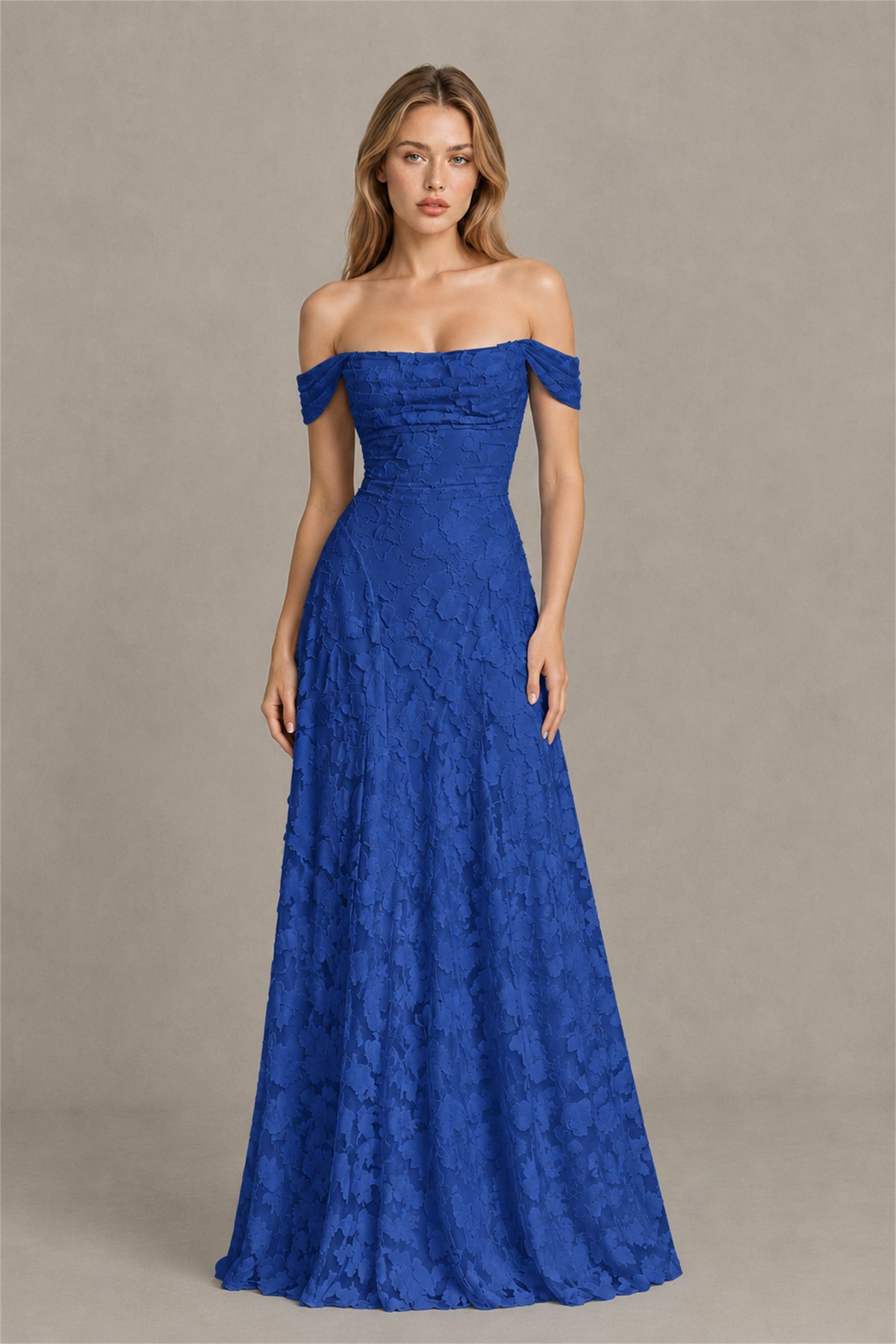 BOLODOO Royal Blue Off-Shoulder Pleated A-Line Maxi Dress Floral - Royal Blue