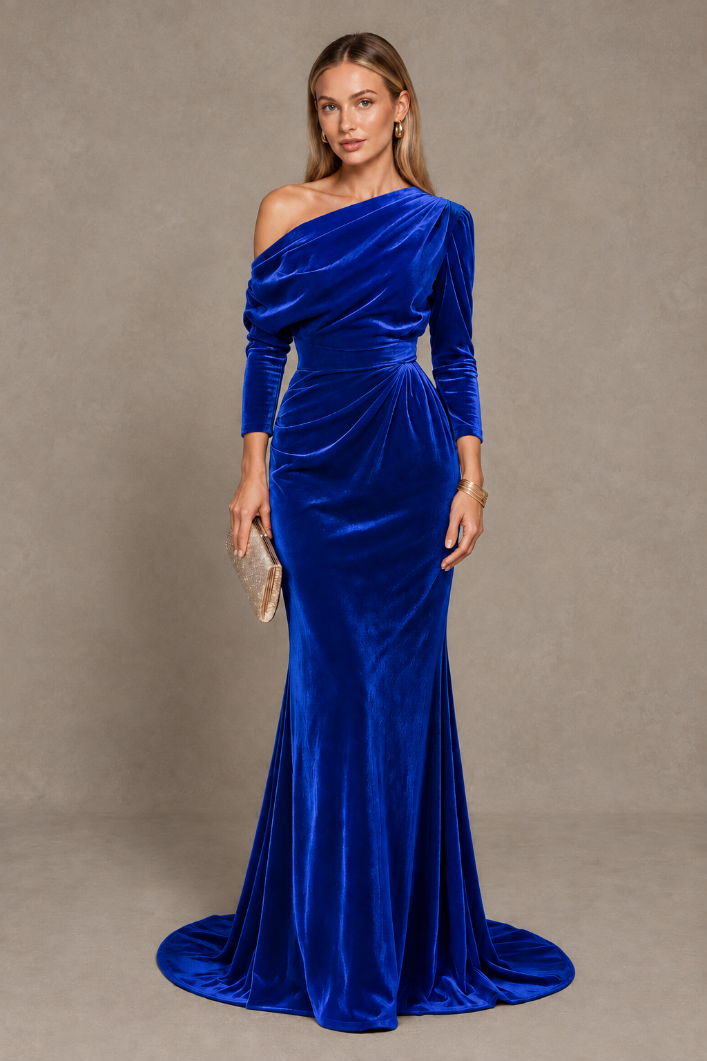 BOLODOO Royal Blue Velvet One-Shoulder Long Sleeve Evening Gown - Royal Blue