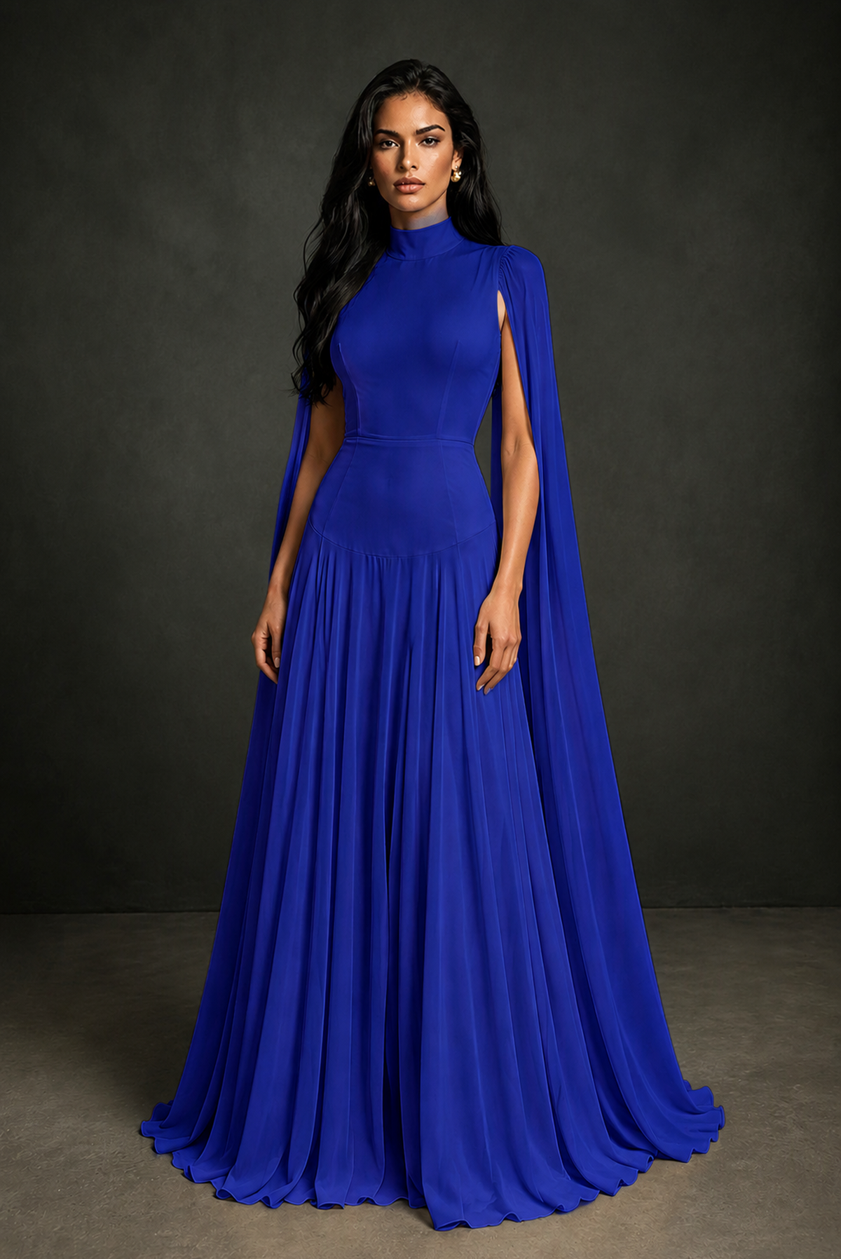 BOLODOO Royal Blue Mock Neck Cape Sleeve A-Line Chiffon Maxi Dress - Royal Blue