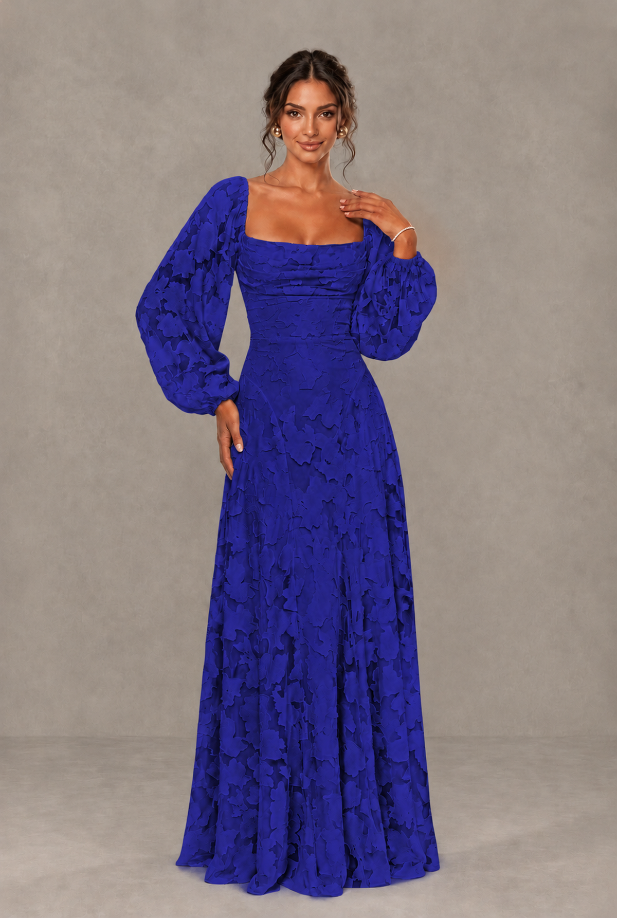 BOLODOO Floral Royal Blue Long Sleeve A-Line Dress with Lace-Up Back - Royal Blue