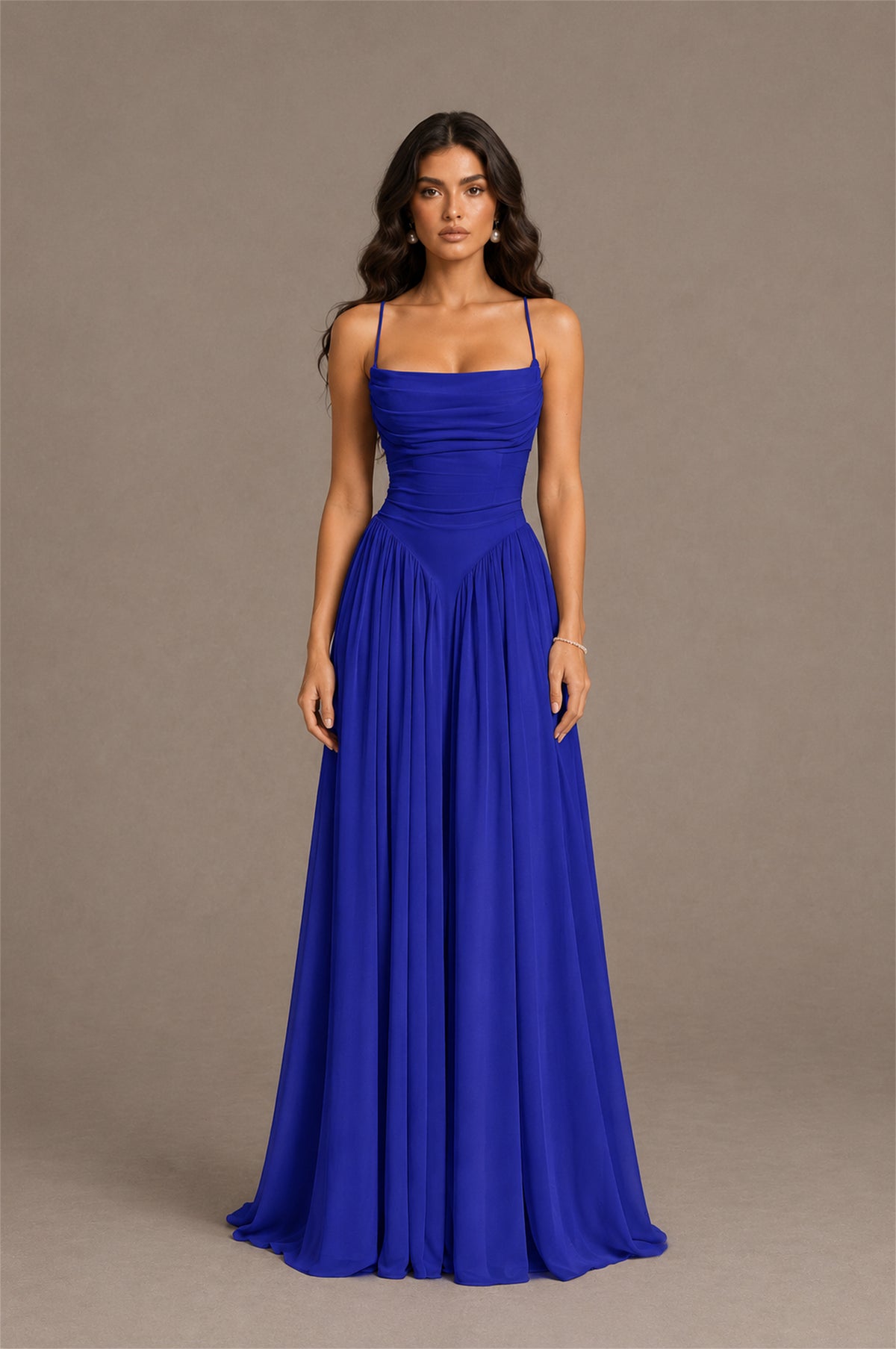 BOLODOO Royal Blue Spaghetti Strap Square Neck Ruched Chiffon Maxi Dress with Lace-Up Back - Royal Blue