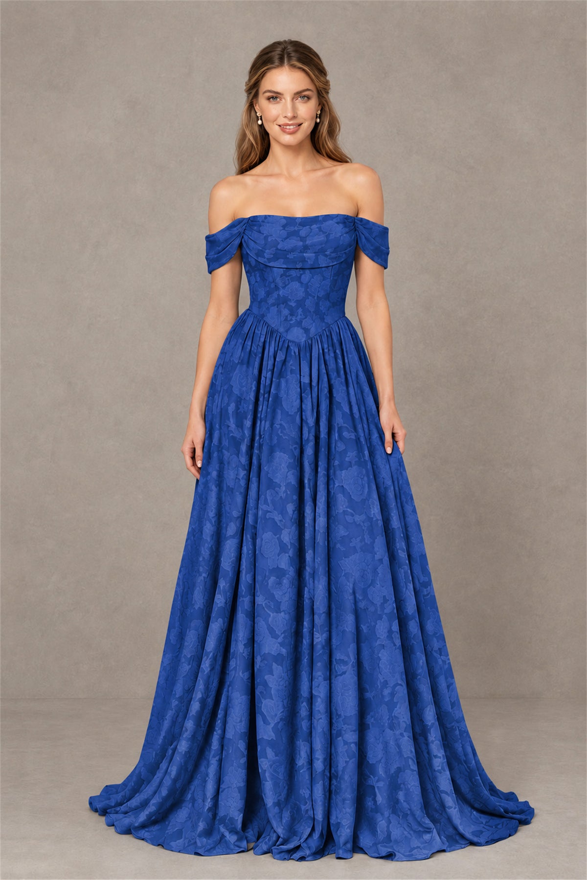 BOLODOO Royal Blue Off-Shoulder Floral A-Line Maxi Dress - Royal Blue