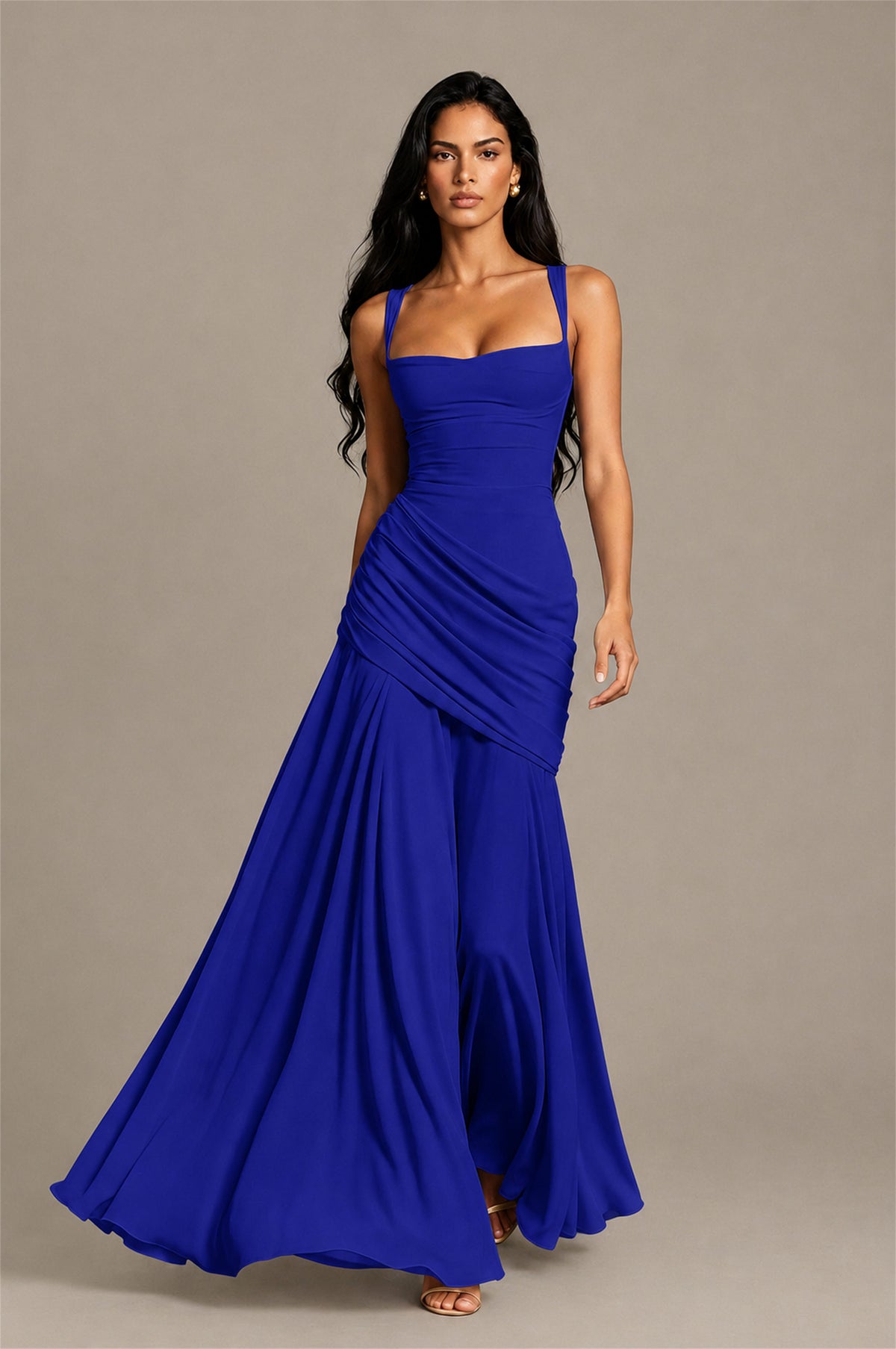 BOLODOO Square Neck Ruched A-Line Maxi Dress - Royal Blue Backless Evening Gown - Royal Blue