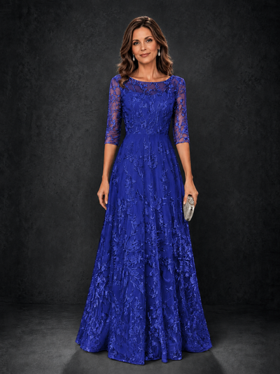 BOLODOO Royal Blue Illusion Bateau Neck 3/4 Sleeve Floral Lace A-Line Mother of the Bride Dress MX007 - Royal Blue