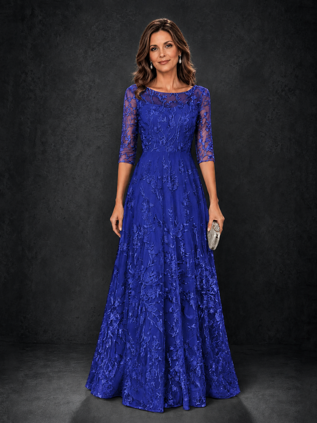 BOLODOO Royal Blue Illusion Bateau Neck 3/4 Sleeve Floral Lace A-Line Mother of the Bride Dress MX007 - Royal Blue