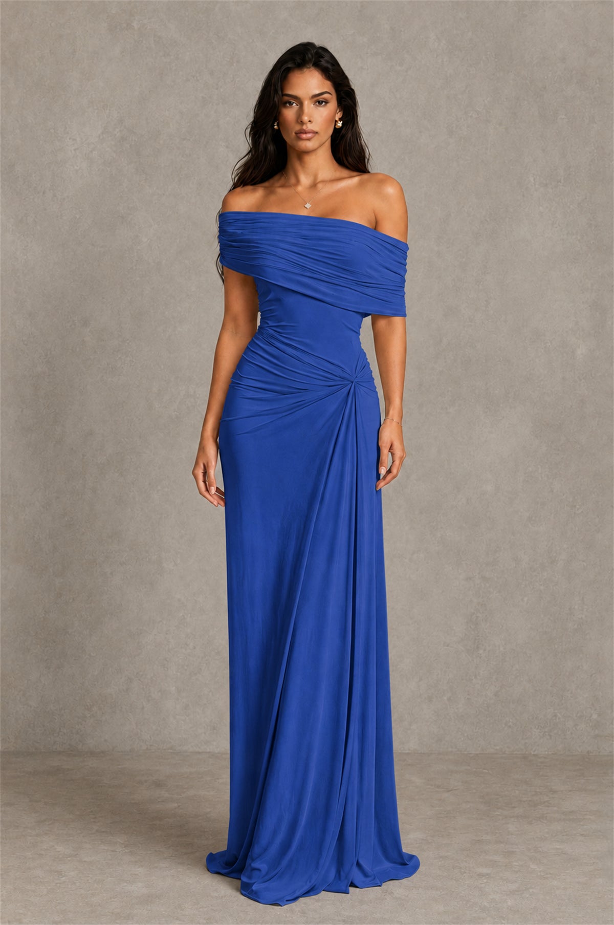 BOLODOO Royal Blue Off-Shoulder Ruched Maxi Dress - Royal Blue