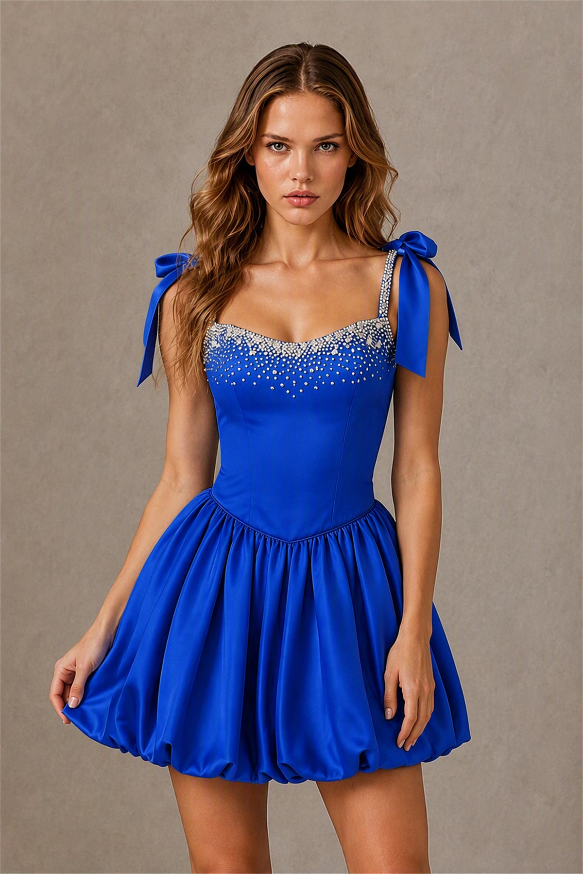 BOLODOO Royal Blue Satin Pearl Embellished Sweetheart Bow Strap Bubble Hem Mini Dress | Cocktail Prom Homecoming Dress - Royal Blue